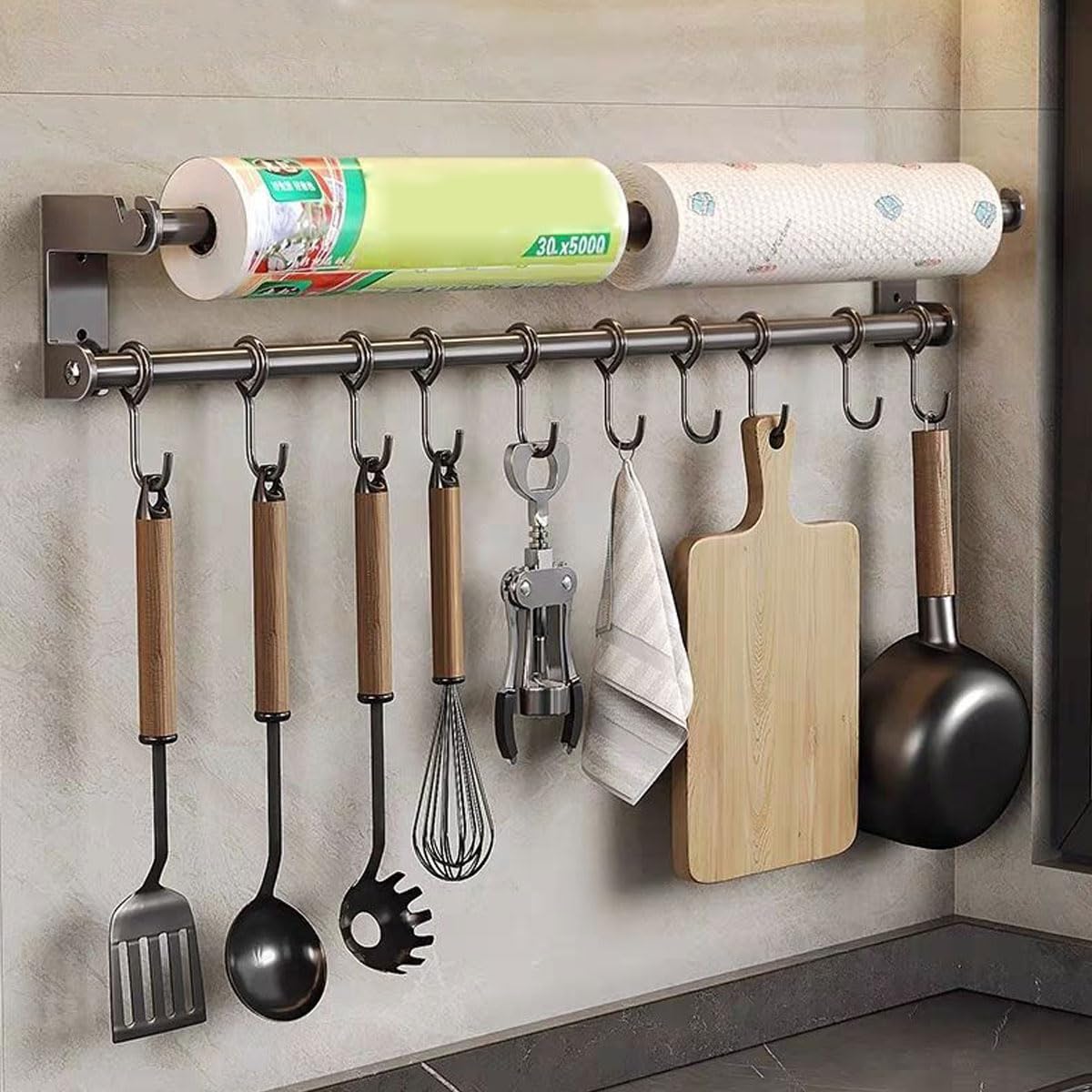 Barra Portautensili Cucina, Porta Utensili da Cucina Parete con 10 Gancio, 60CM Appendi Mestoli da Cucina Adesivo con Portarotolo, senza Foratura, Grigio