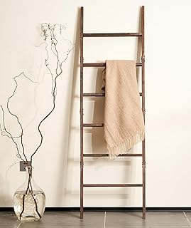 Blanket Ladder for the Living Room 6-Tier, Wooden Decorative Quilt Holder for Bed room, Wall-Leaning Wood Towel Rack for Bathroom，Rustic Farmhouse Ladders for Display. (Washed brown)
