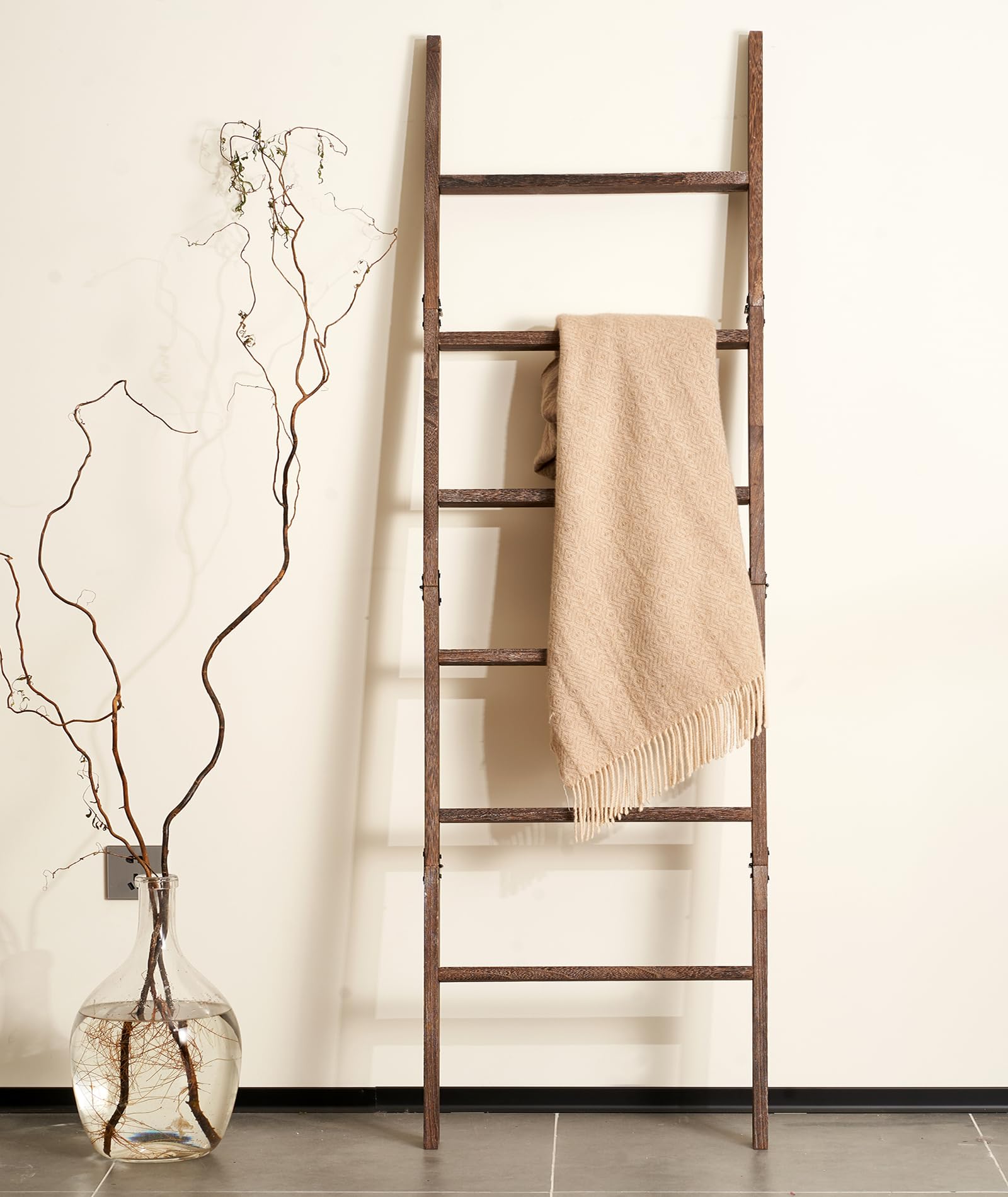 Blanket Ladder 6-Tier Washed Wood, Rustic Towel & Quilt Display Rack