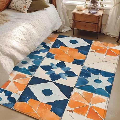Miniatura 10 de 6ft Round Rug, Abstract Blue Non-Skid Rubber Backing Large Area Rugs - Living Room Bedroom Home Office, Orange Color Block Retro Watercolor Boho