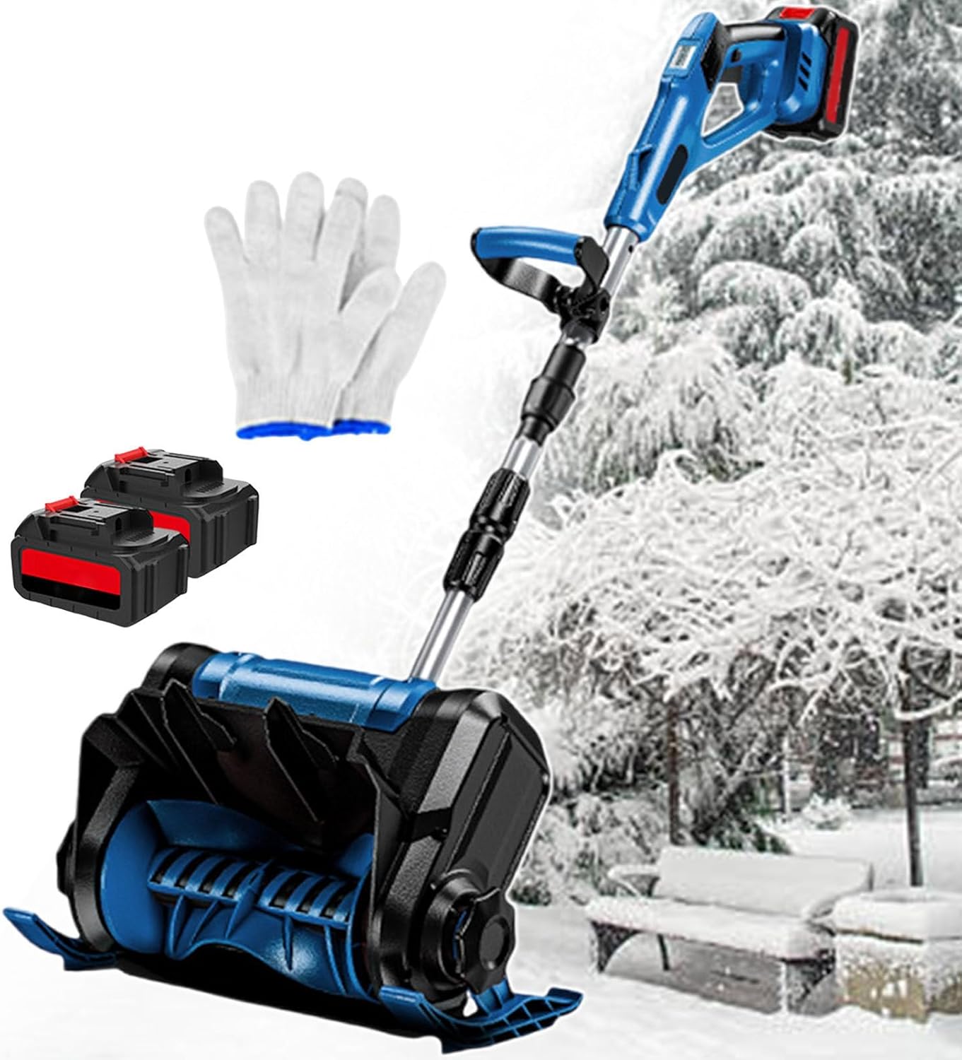 Cordless Snow Shovel, Auto Electric Snow Thrower - Rechargeable, 8 M Throwing Distance, Aluminum Alloy Pole Foldable Snow Blower, for Courtyard, Factory, Playground Blue-2batteries
