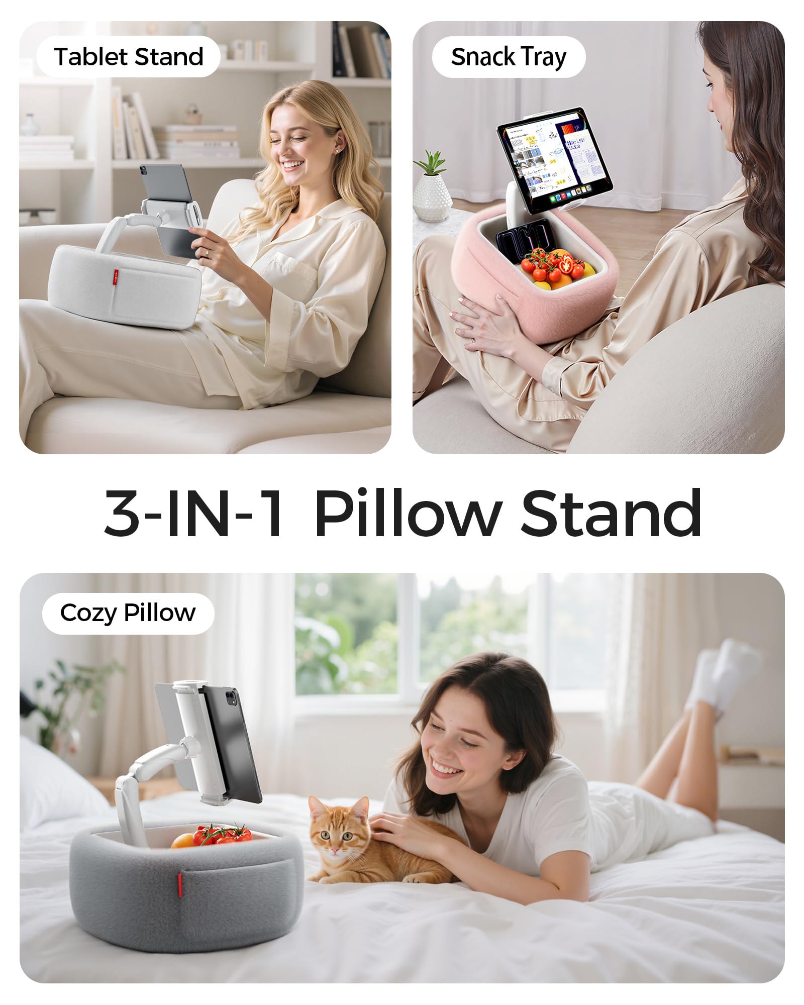 LULULOOK Supporto Cuscino Tablet per Kindle la lettura,supporto da tenere sulle ginocchia con ciotola per snack e braccio pieghevole per iPad,telefono e tablet da 4,7-14,6 pollici per leggere a letto