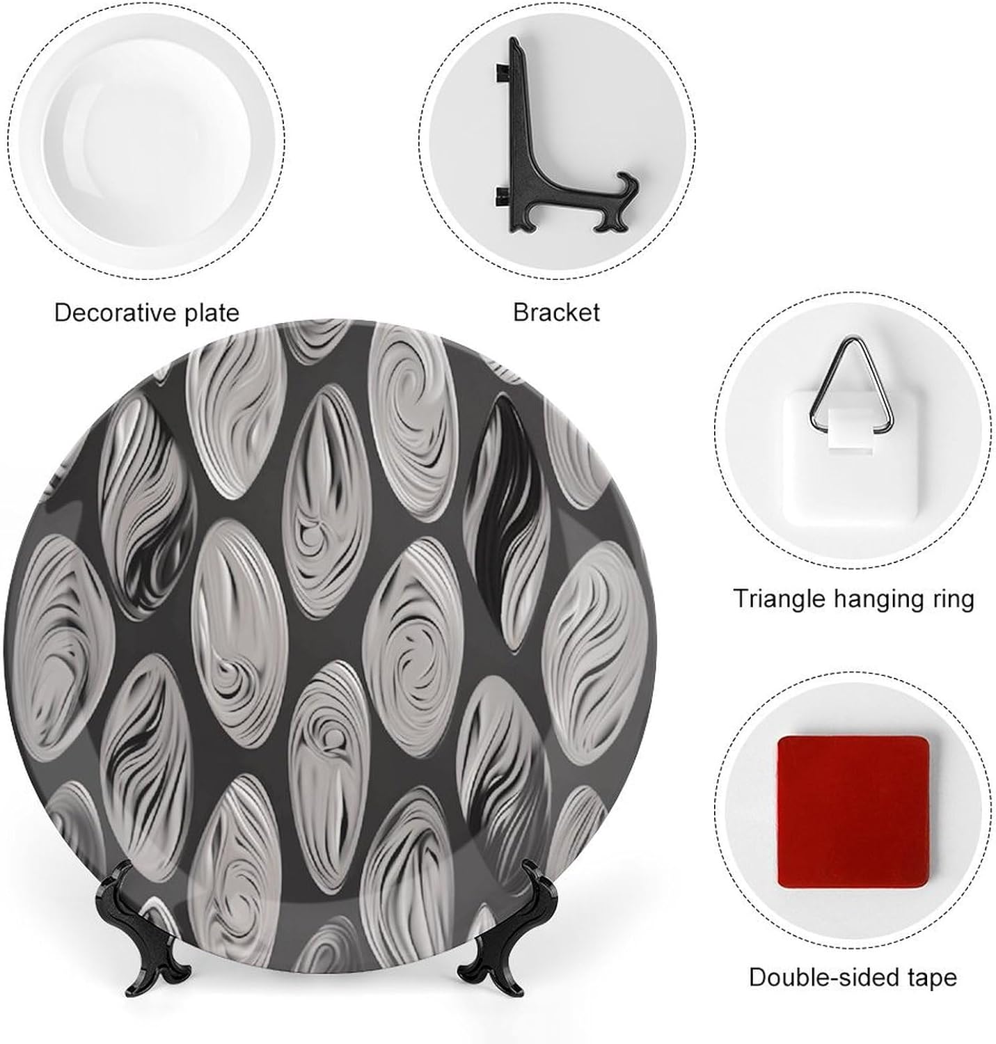 Ceramic Decorative Plate Abstract Black Silver Printed Bone China Decorative Plate Decorative Plate Crafts Ceramic Dinner Plate with Stand for Home Kitchen Bedroom 8inch