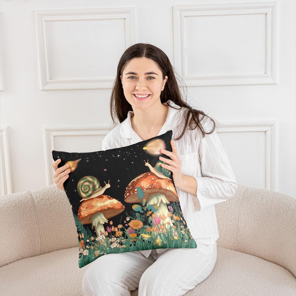 Feelyou Mushroom Throw Pillow Covers 24"x24" Set of 2 Soft Cartoon Fungus Snail Pattern Cushion Covers for Couch Sofa Floral Botanical Decorative Pillowcases Outdoor Pillows Covers