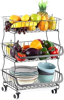 Panier de Rangement à 3 Niveaux avec Fil à roulettes, paniers de Fruits aux légumes, Rangement de Cuisine de Salle de Bain, étagère en métal