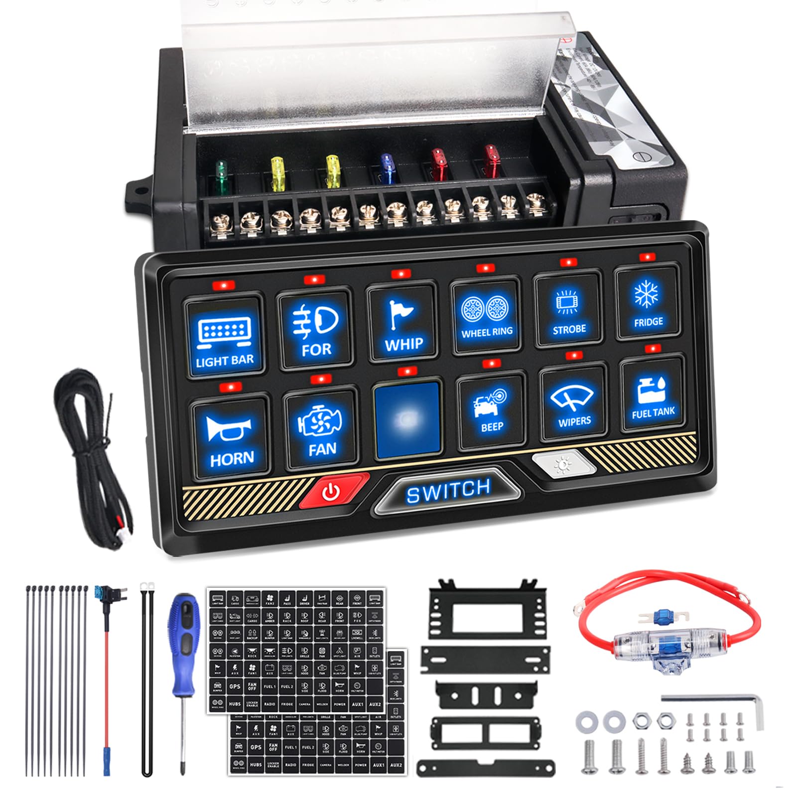 Chelhead 12 Gang 12V-24V Schalter Panel RGB mit Einstellbare Helligkeit 80A | 12-fach Schalterpanel Touch-Steuerung mit RGB Farben und Relais-System. Einfache Kontrolle für Autos, LKW, Boote, UTV, SUVs