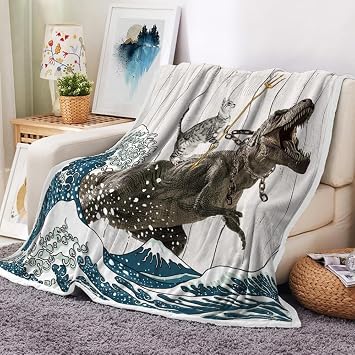 Boziqr Funny Cat Throw Blanket, Cool Cat Dinosaur Japanese Ocean Wave Cozy Warm Bed Couch Blanket, Rustic Fleece Flannel Throws to Decorate The Room and Bedroom Camping Travel 50 x 60 Inch