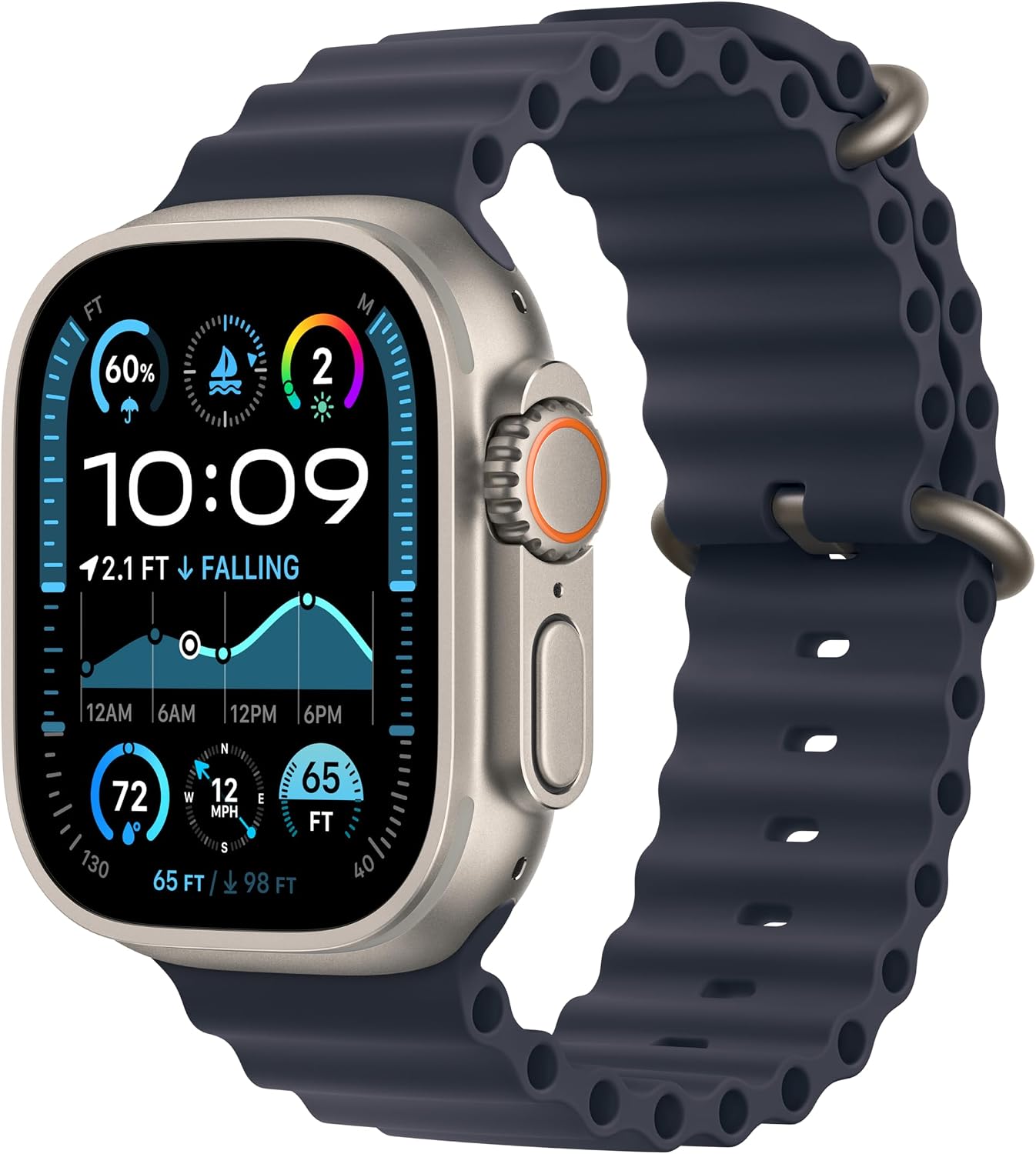 Apple Watch Ultra 2 [GPS + Cellular, 49mm] Natural Titanium Case with Navy Ocean Band, One Size (Renewed)
