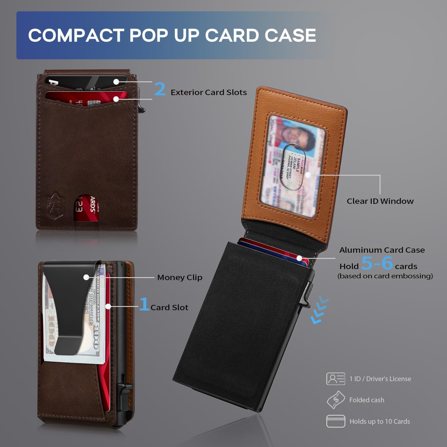 Zitahli Slim Wallet for Men, Pop Up Metal Wallet with Money Clip & ID Window, RFID Blocking Credit Card Holder, Bifold Card Wallet Holds Up to 9 Cards Plus 8-10 Bills, Gifts for Men - Image 2
