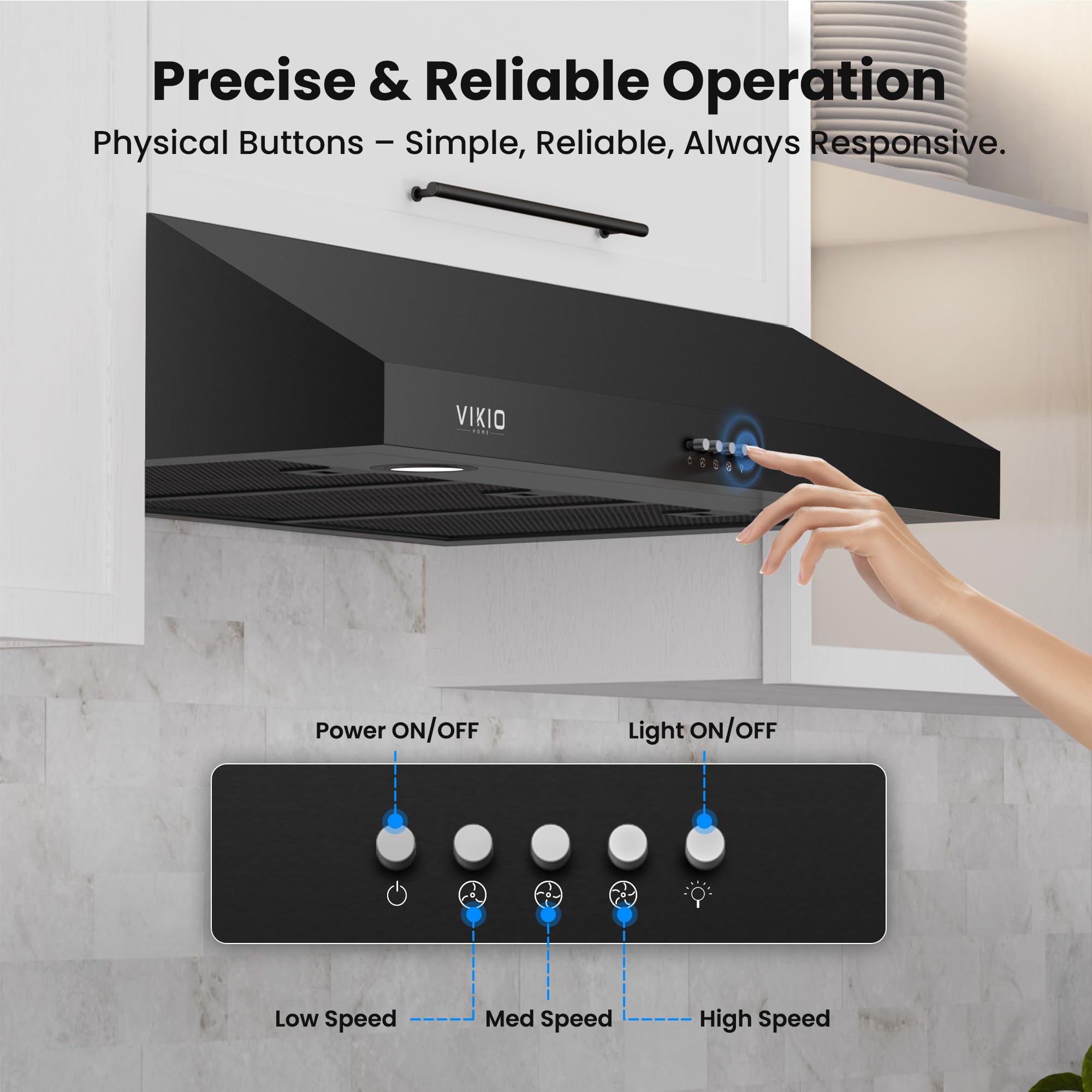 Close-up of the range hood control panel with push buttons for power, fan speeds, and light