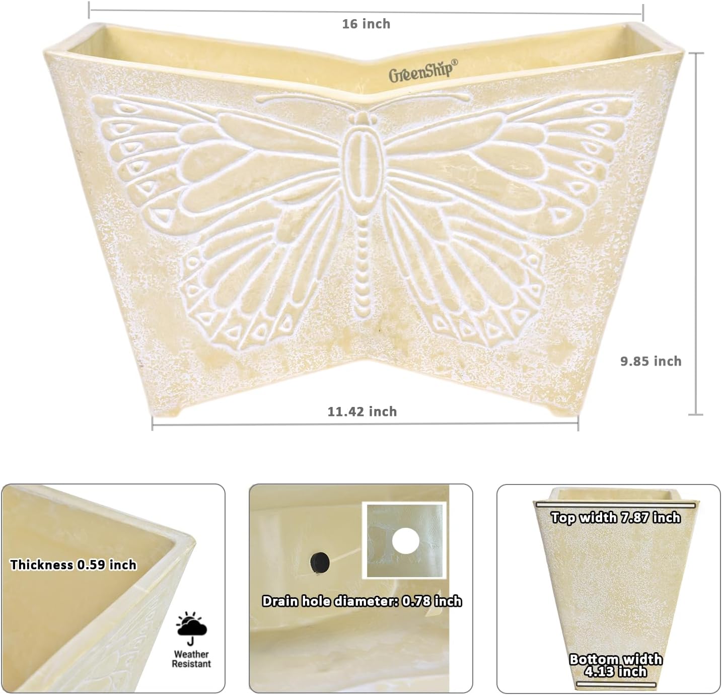 GreenShip 16 Inch Large Resin Flower Pots Set of 2, Resin Planter Pot with Drainage Hole, Vintage Butterfly Embossed Decorative Garden Pot, Weather-Resistant for Porch, Patio, Indoor Use, Beige