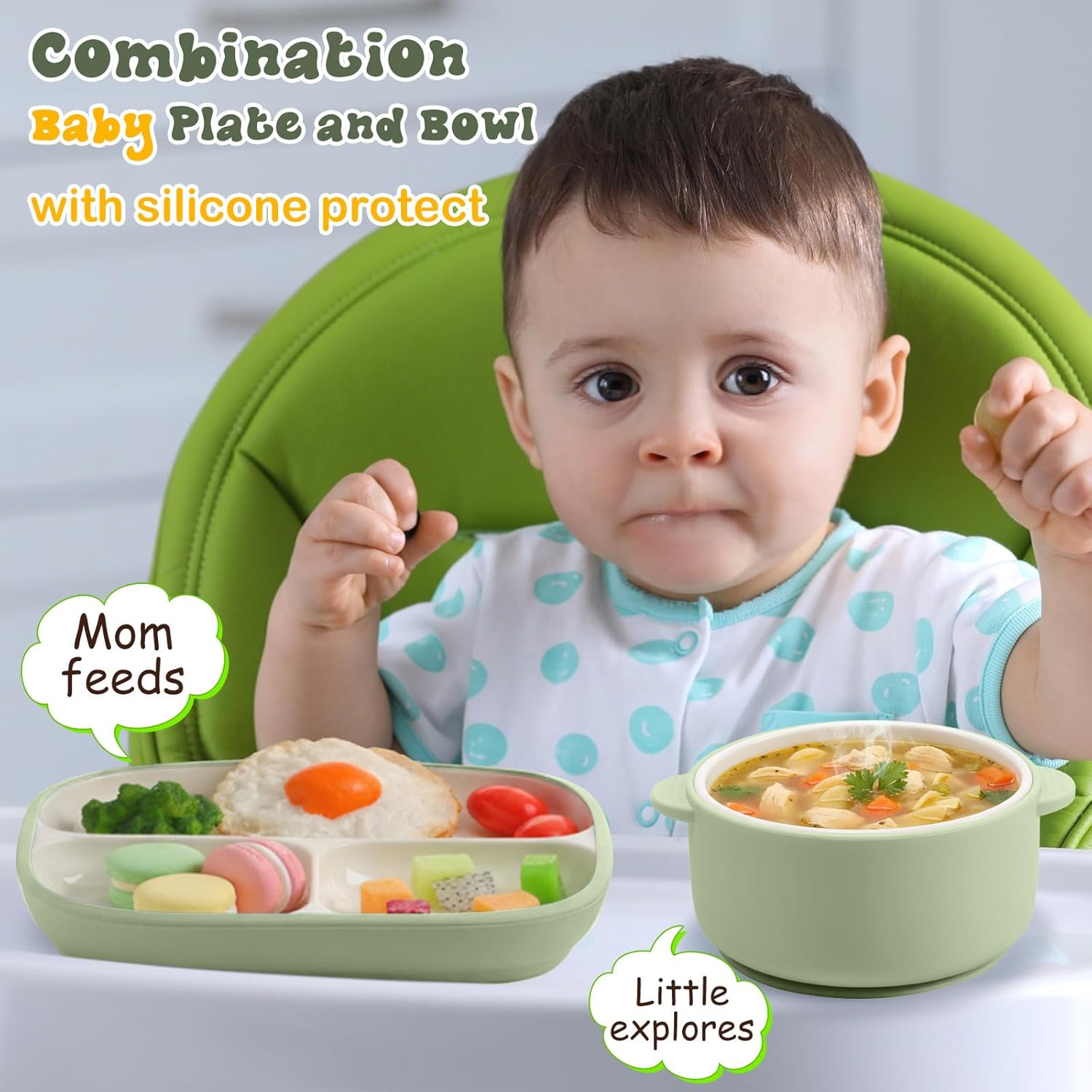 Domensi 4 Pcs Square Porcelain Kid Plate and Bowl Set with Suction, 2 Ceramic Toddler Divided Plate 2 Baby Anti Slip Silicone Sleeve Bowl for Feeding Supplies Microwave Dishwasher Safe(Blue, Green)