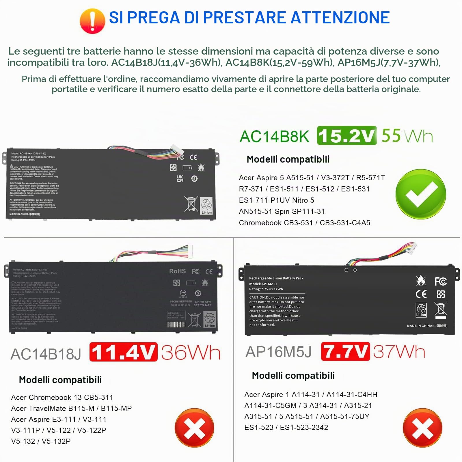 AC14B8K AC14B3K Batteria di ricambio per computer portatile Aspire A515-51 A517-51 E3-111 E5-771 ES1-431 ES1-511 ES1-512 V3-111 V3-112P V3-371 Chromebook 13 C8 10 15 C910 TravelMate Spin B1 15,2 V 55