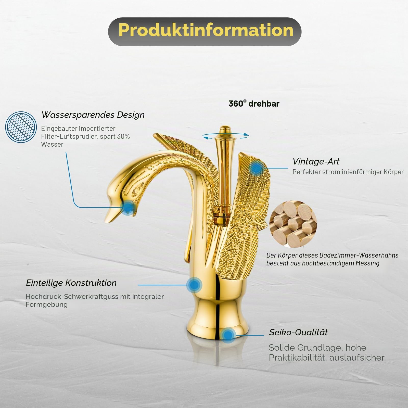 Waschbeckenarmatur, Schwanenform, Einhandgriff, Einloch, Waschtischmischer, Deckmontage, Vogelarmaturen, poliertes Gold