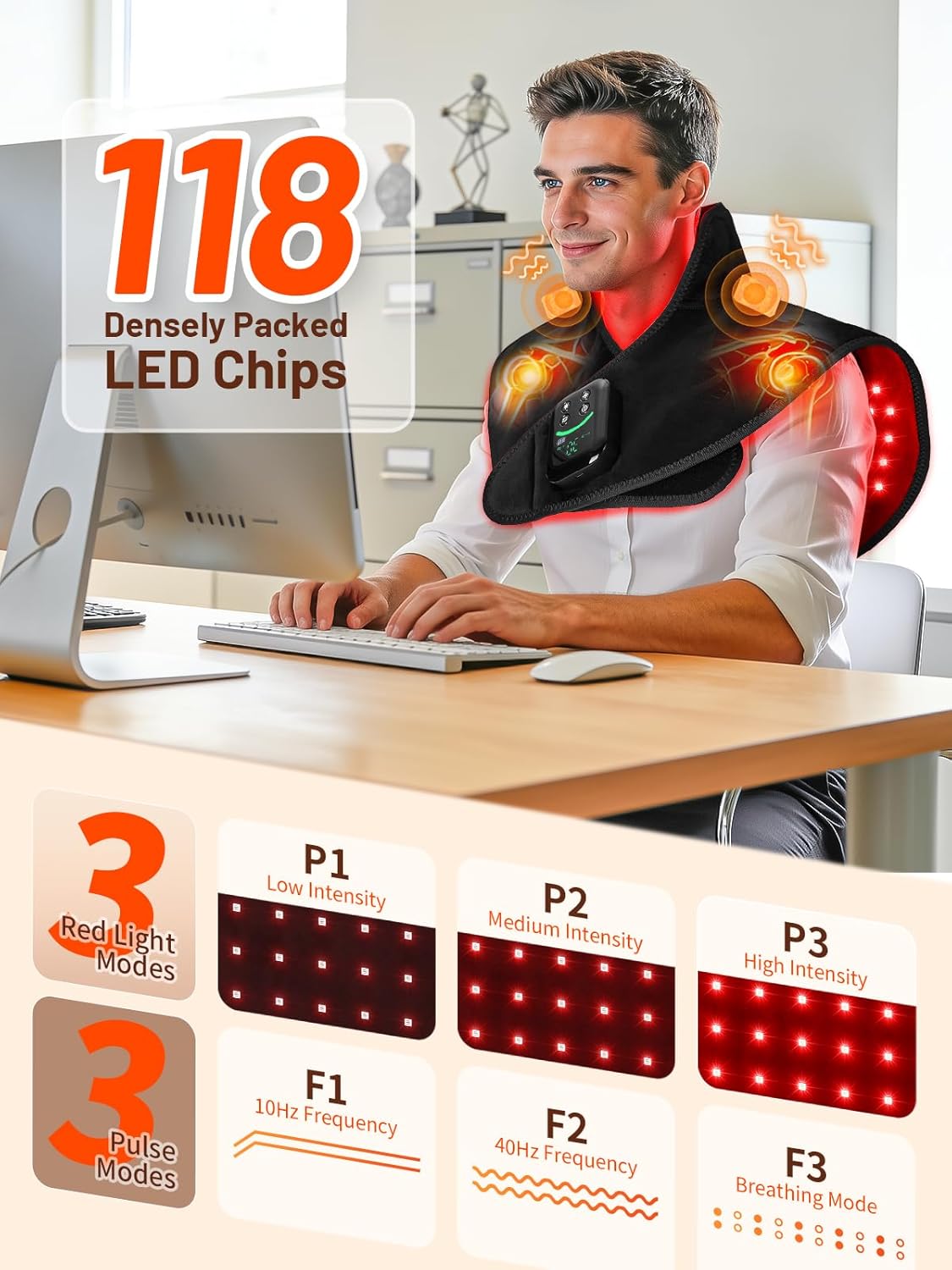Cordless Red Light Therapy for Neck Shoulder with Heat & Massage, 5000mAh Controller 118LEDs 3-in-1 Chip 660nm&850nm Infrared Light Therapy Pad for Body Home Outdoor Use - Image 4