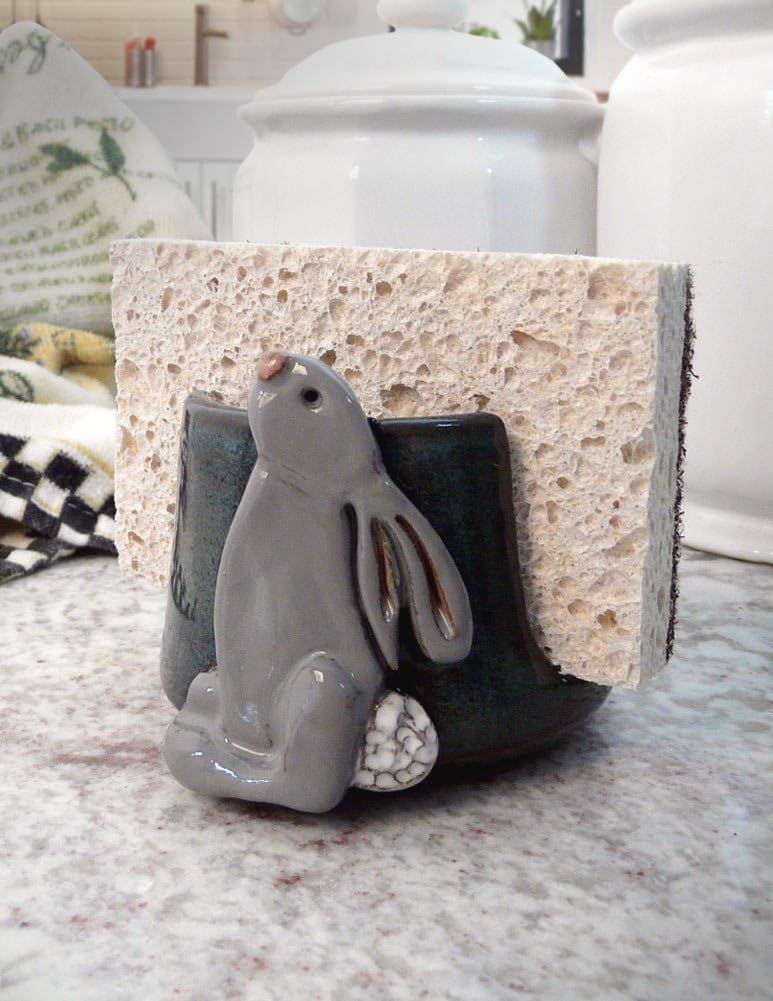 American Handmade Stoneware Pottery Sponge Holder, Bunny Motif