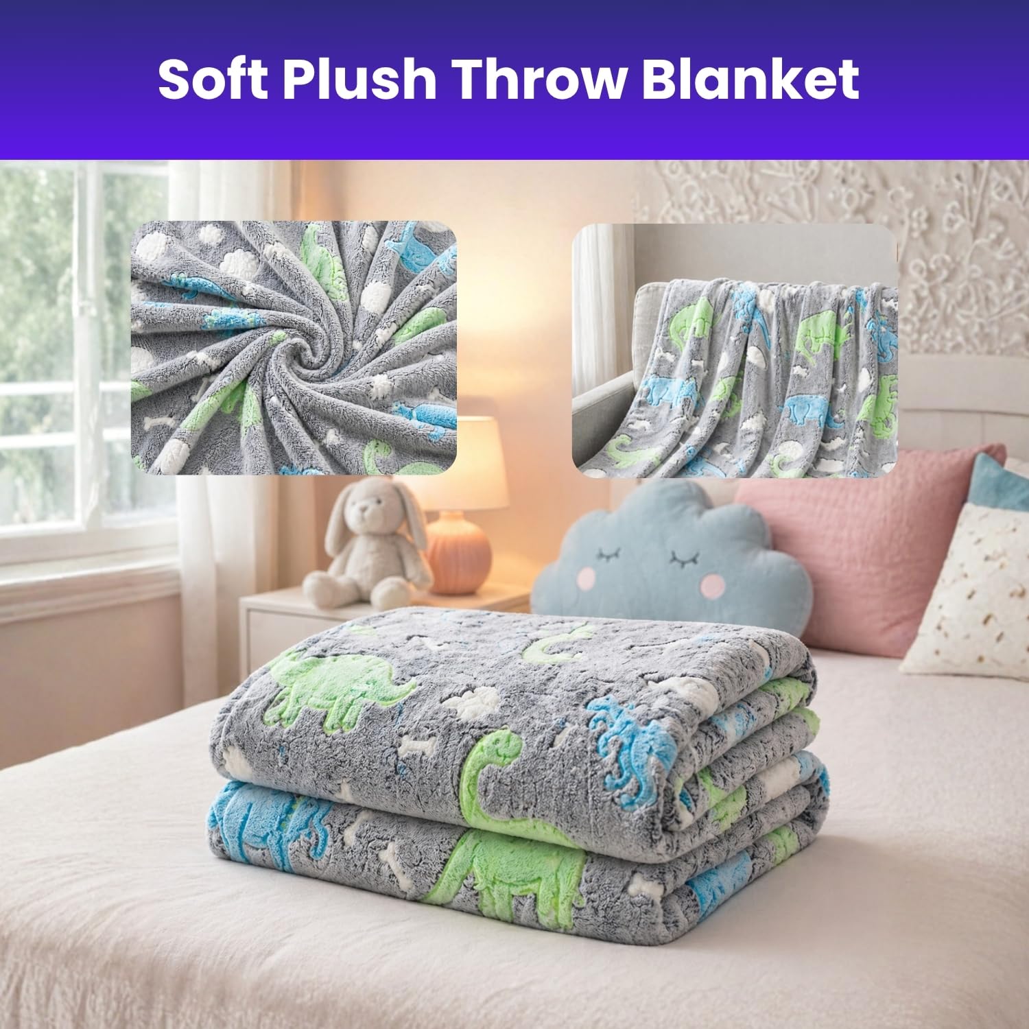 Toy Imagine Glow Blanket for Kids 3β10 Years 150 x 120 cm Glow in The Dark Blanket Soft Flannel Fleece Throw Soft Cozy Warm All Season Blankets for Boys and Girls Gift (Dinosour Design Grey) 3