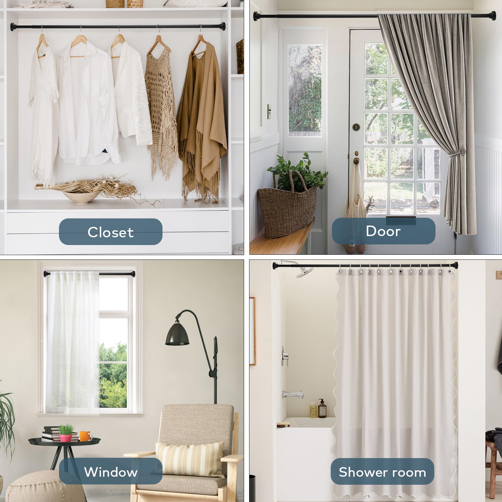 SILKVERSE Adjustable Black Shower Curtain Rods 17-83 Inch, No Drill Anti-Rust Non-Slip Heavy Duty Spring Tension Shower Rod, 1" Diameter Drapery Telescoping Curtain Rods for Bathroom