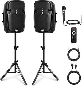 Wireless Portable PA Speaker System - 1800W High Powered Bluetooth Compatible Active + Passive Pair Outdoor Sound Speakers w/ USB SD MP3 AUX - 35mm Mount, 2 Stand, Microphone, Remote - Pyle PPHP1249KT