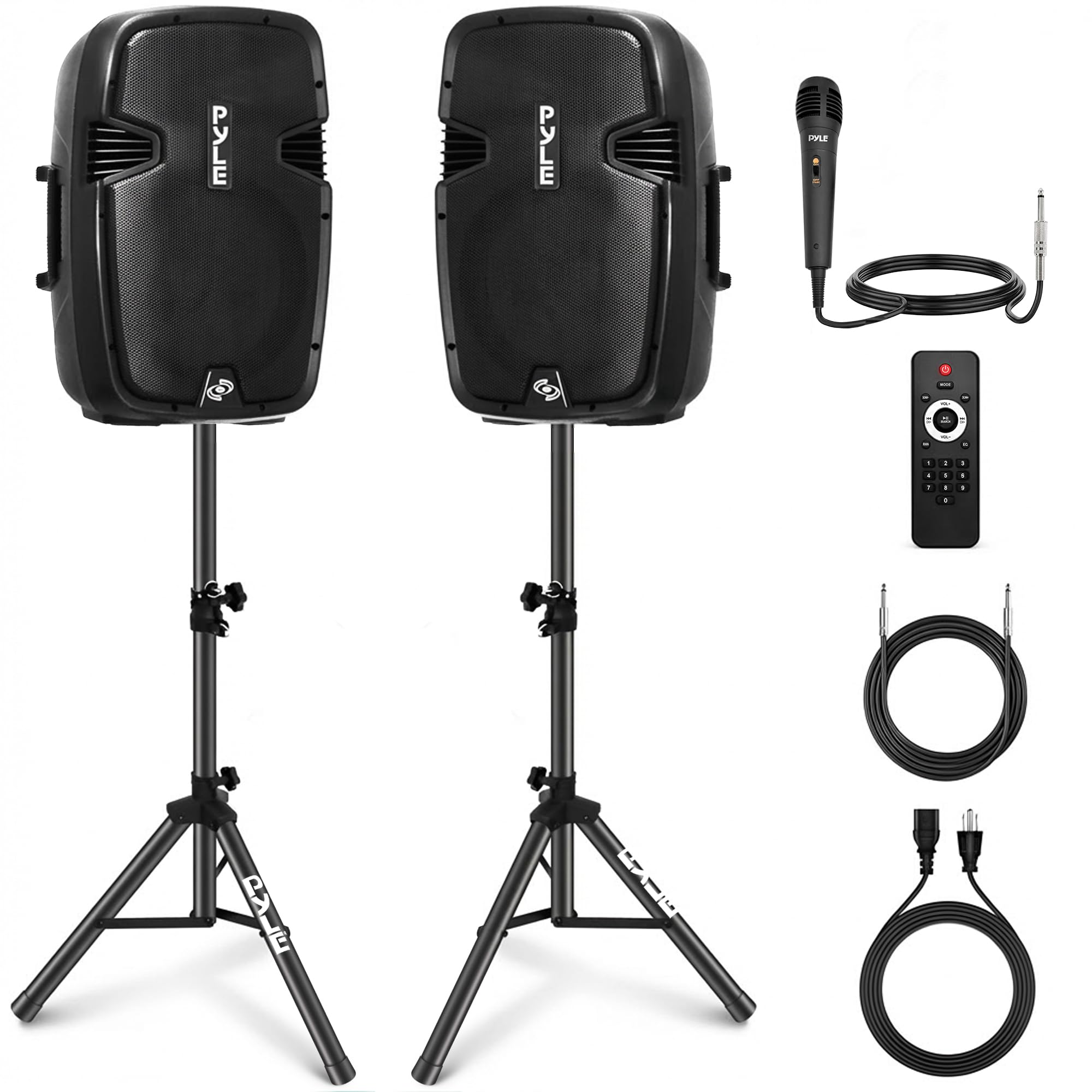 Wireless Portable PA Speaker System - 1800W High Powered Bluetooth Compatible Active + Passive Pair Outdoor Sound Speakers w/ USB SD MP3 AUX - 35mm Mount, 2 Stand, Microphone, Remote - Pyle PPHP1249KT
