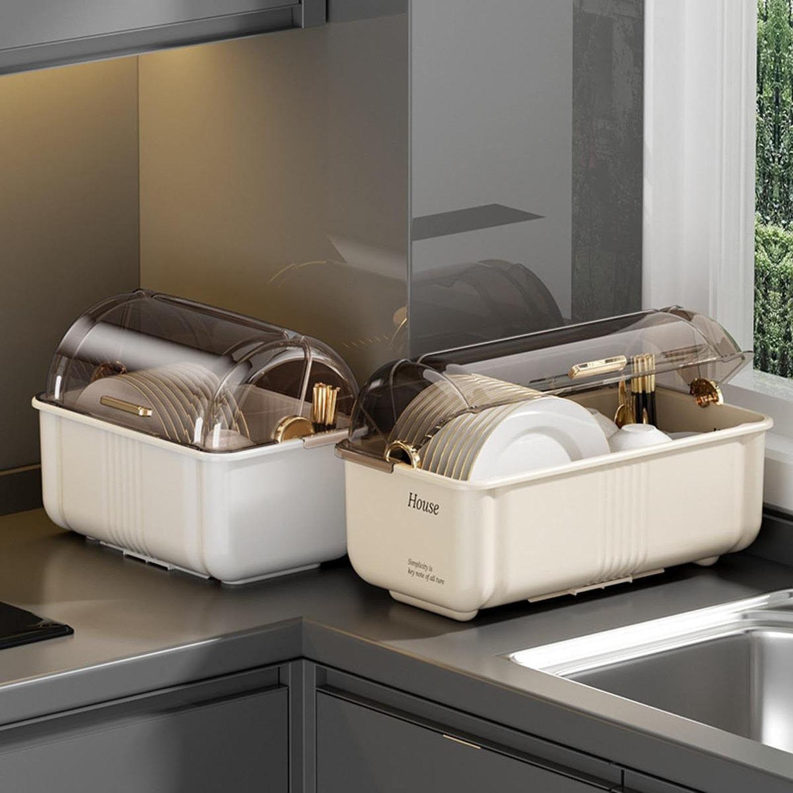 Escurreplatos con Tapa Hermética Organizador de Platos Cubiertos Soporte para Tazas Bandeja de Drenaje Material PP Adecuado para Cocina Hogar, XL