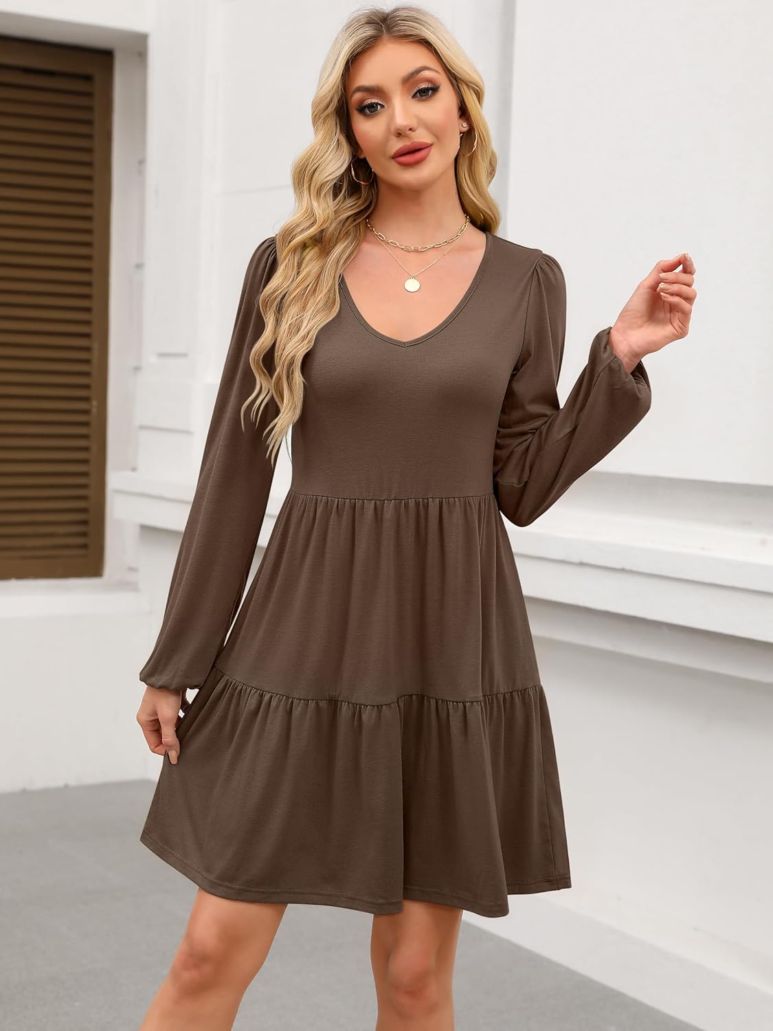ANRABESS Womens Long Sleeve Dress 2026 Fall Casual V Neck Tiered Flowy Short Dresses Spring Beach Travel Vacation Clothes - Image 3
