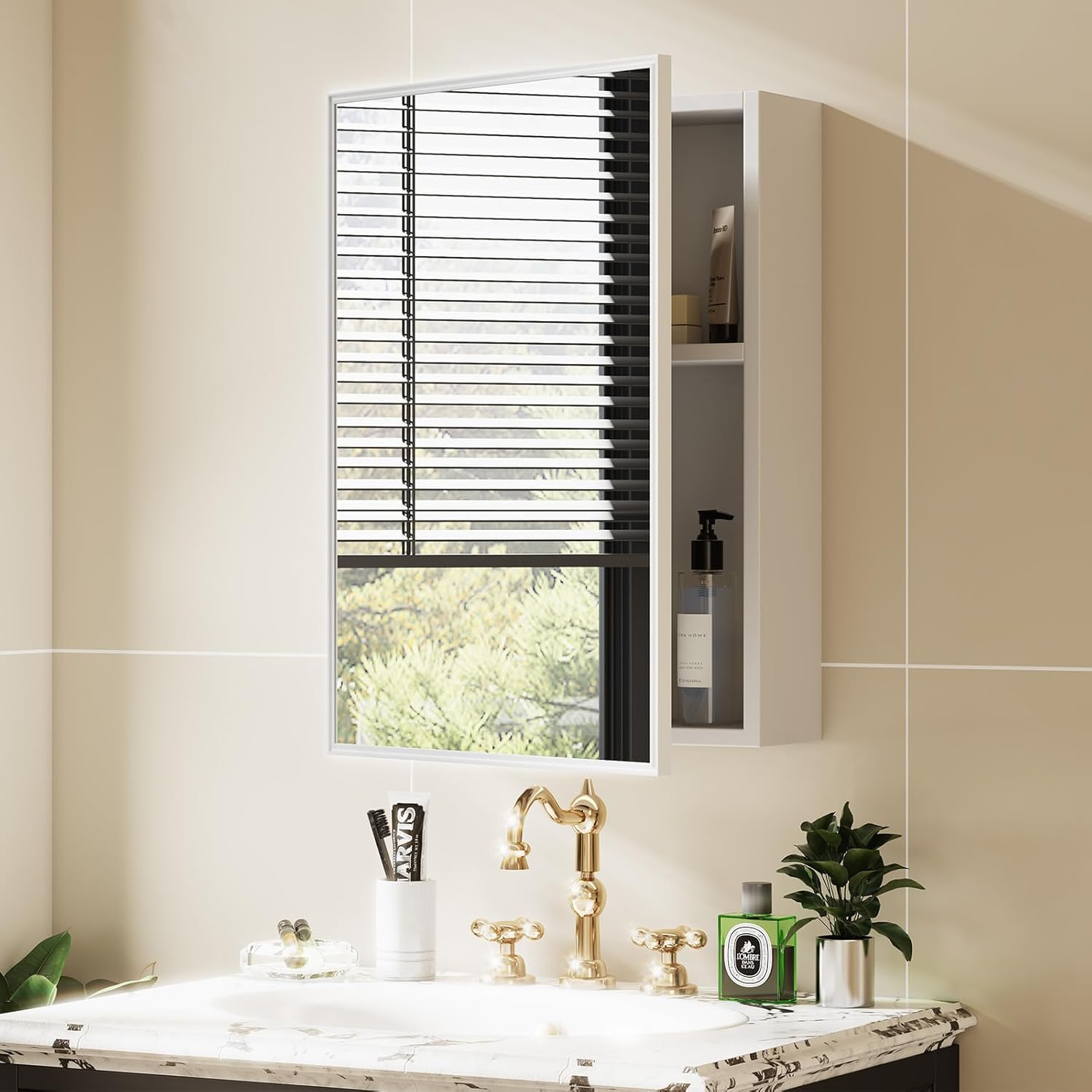 2-Tier Medicine Cabinet Mirror, 16''x22'' Aluminum Pre-Assembled Small Bathroom Mirror Cabinet with Storage for Recessed or Wall Mounted, Black