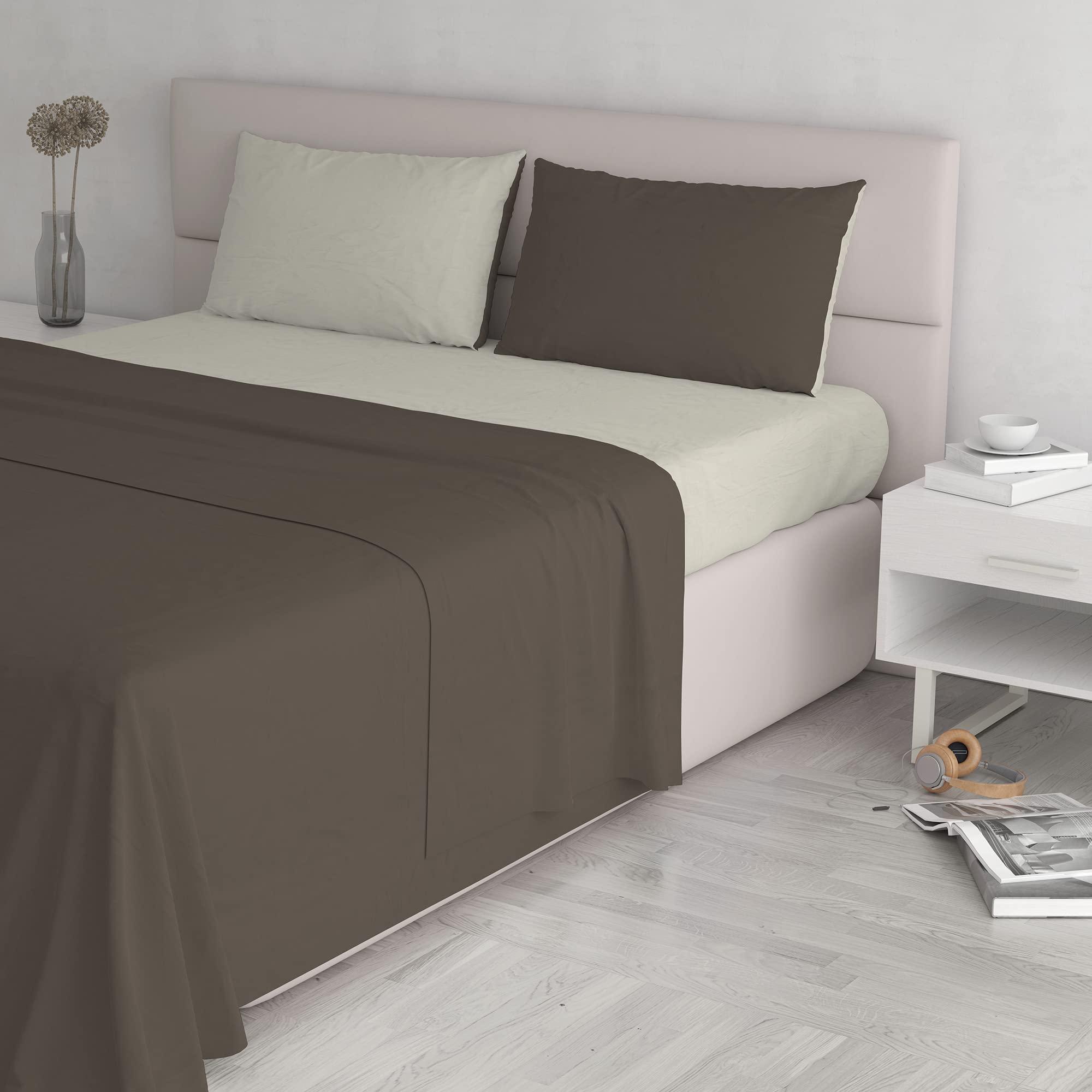 Linge de lit italien d'exception en coton marron et crème double 250 x 300 cm