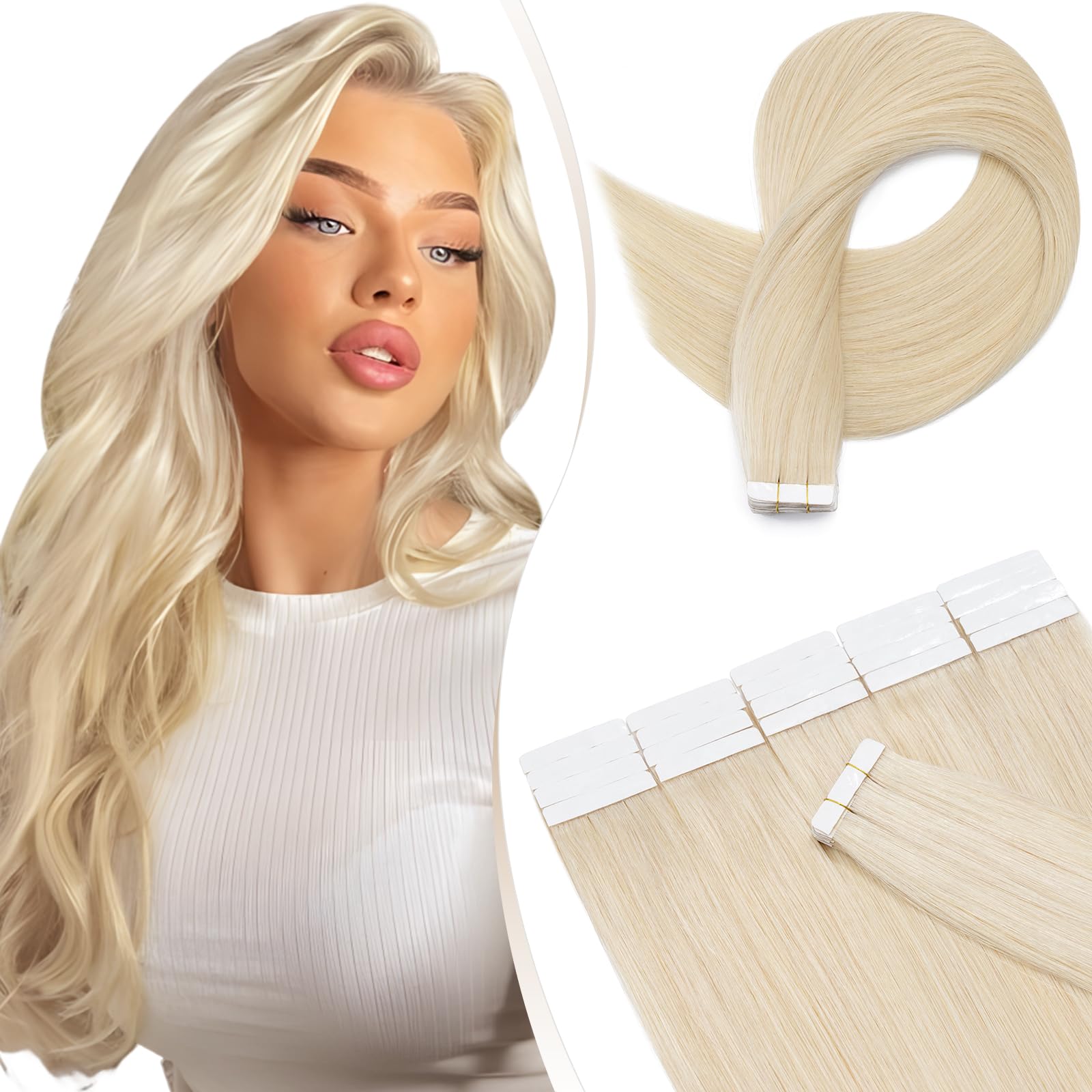 Elailite Tape in Hair Extensions Real Human Hair Blonde 20 Pcs Invisible Thin Type