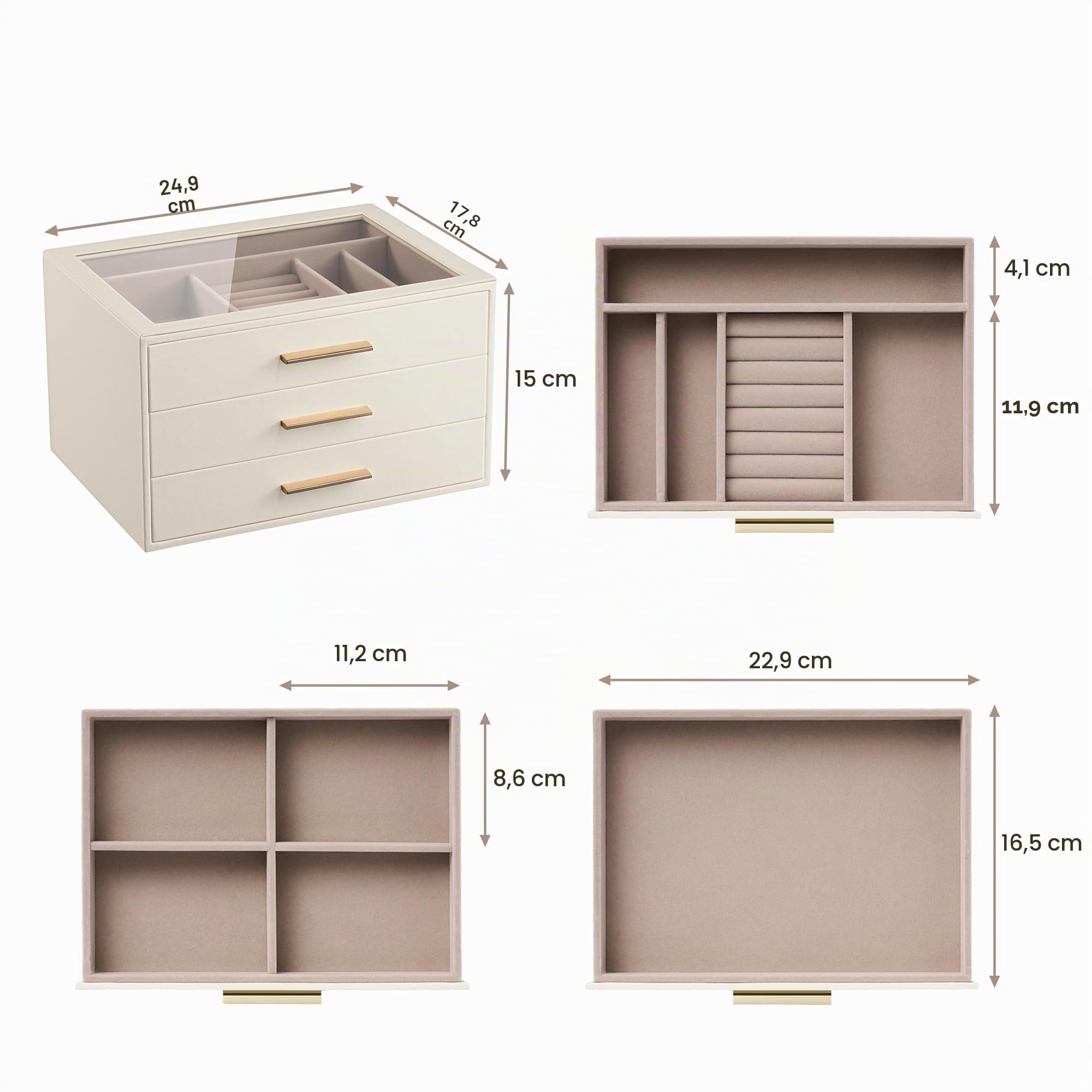 pickpiff Schmuckkästchen-Organizer: 3-stöckiges Schmuckkästchen mit Glasfenster, elfenbeinfarbenes Leder mit rosa Samt, Halterungen für Ringe, Halsketten, Armbänder und Uhren, tolles Geschenk für sie