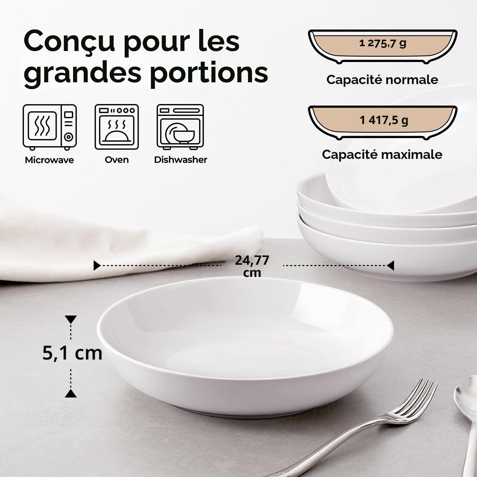 Y YHY Lot de 4 grands bols à pâtes de 24,8 cm, grands bols à salade de 1,4 l, bols de service en céramique, larges et peu profonds, passent au micro-ondes et au lave-vaisselle, blanc