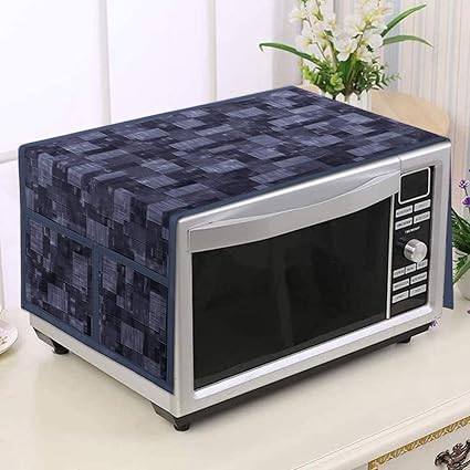 Heart Home Wooden Check Printed PVC Decorative Microwave Oven Top Cover with 4 Utility Pockets (Grey)