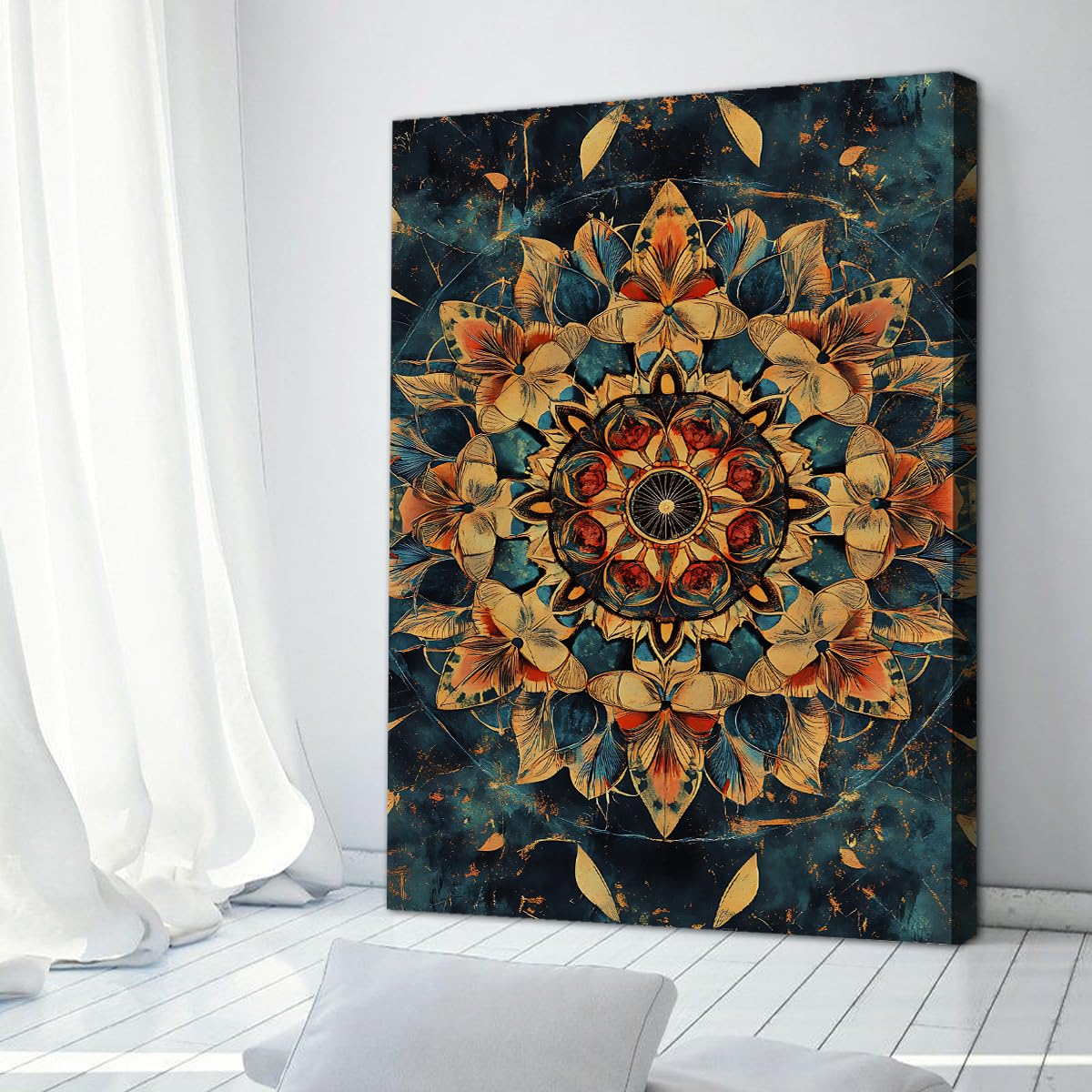 TOANGWALL Kwiatowy plakat mandali na płótnie sztuka ścienna obrazy ścienne płatki pomarańczowo-zielony kwiat geometryczny obraz do dekoracji kuchni jadalni 80 x 120 cm