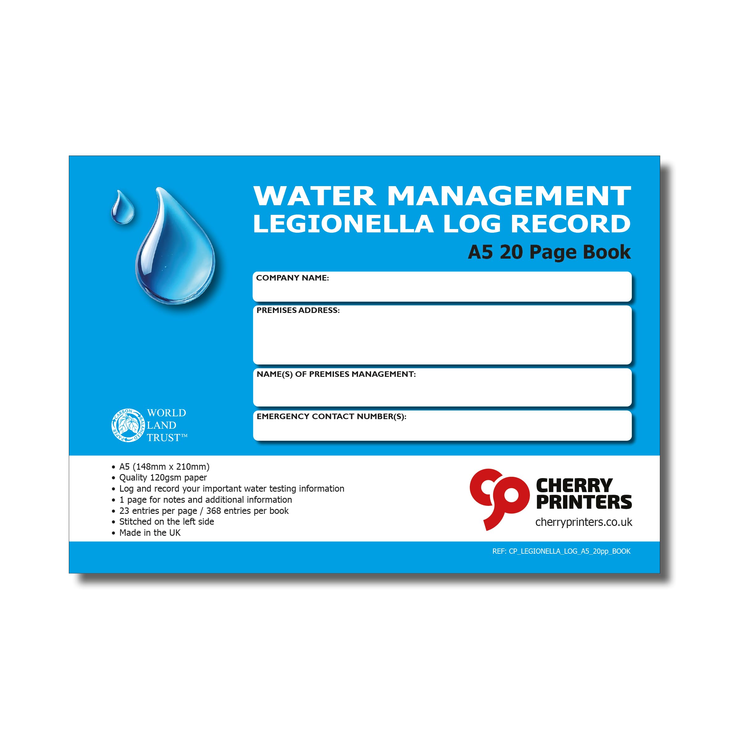 Cherry Printers Water Management Legionella Log Book A5 | 20 Page Record Book | 368 Water Testing Entries | Temperature Checks & Flush Log | ACoP L8 Compliant | 120gsm Paper | Made in UK