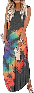 Good Vibes Rainbow Pocket Sleeveless Maxi Dress for Women Summer Hawaiian Beach Casual Tank Dresses Plain T Shirt Dress