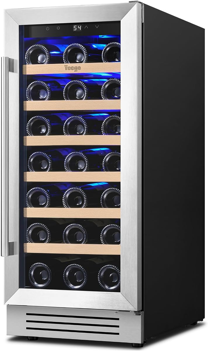 15 Inch Wine Fridge with 33 Bottle | Built-In or Freestanding Wine Cooler Refrigerator with Glass Door | 40-65°F, Adjustable Shelves for Home Bar Kitchen Office