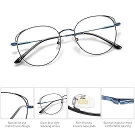 SOJOS Cat Eye Blue Light Blocking Glasses for Woman Hipster Metal Frame Womens Eyeglasses She Young SJ5027, Black&Blue Frame/Anti-Blue Light Lens