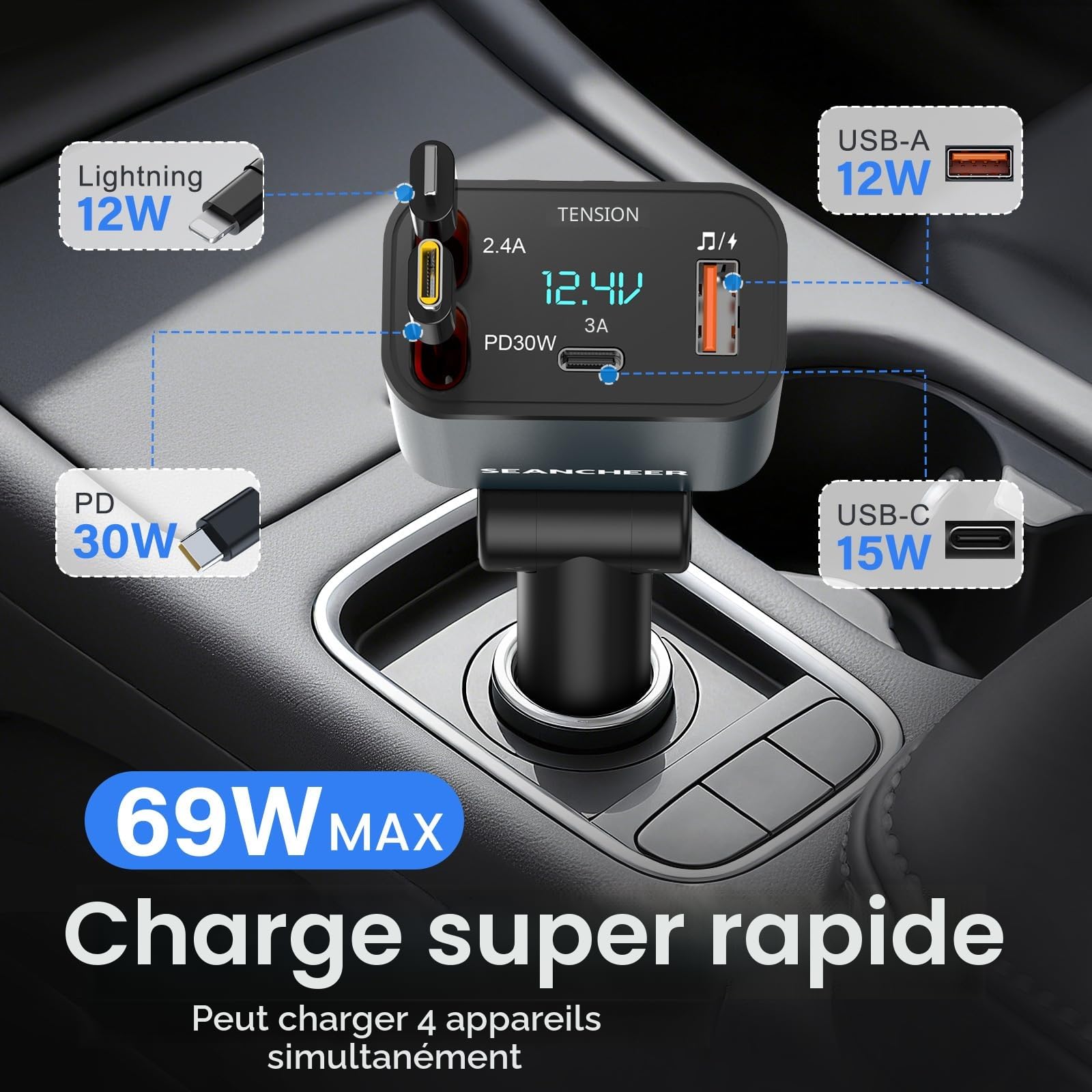 SEANCHEER Transmetteur FM Bluetooth Voiture & Allume Cigare USB C, 69W Chargeur Voiture avec 2 Câbles Rétractables, Bluetooth 5.3, Téléphone Kit Main Libre, Adaptateur Radio pour Autoradio