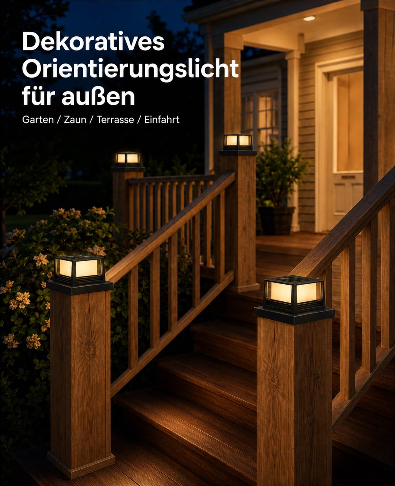 Solar Pfostenkappen Licht 2 Stück, Pfostenleuchte Solar 8x8-15x15 für Holzpfosten, 2 Lichtmodi 3000K/6000K, IP44 wasserdichte Solarleuchten für Zaun, Garten, Terrasse