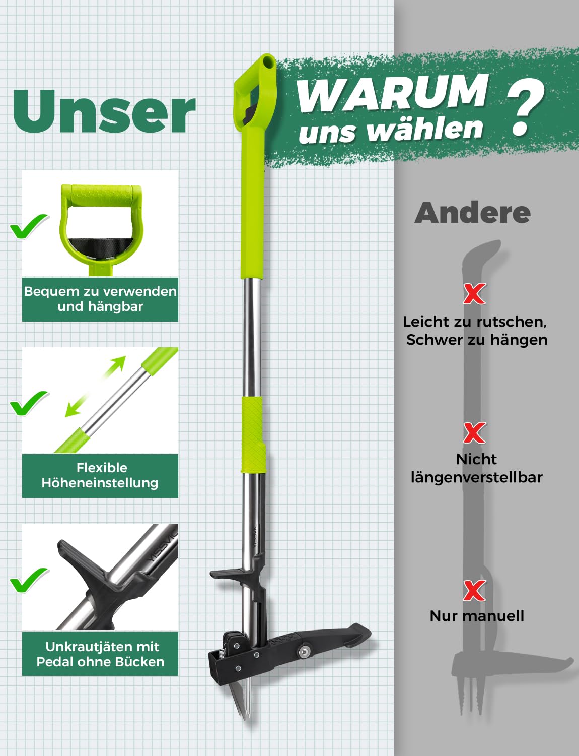YISSVIC Unkrautstecher mit Stiel Teleskop Länge 100 CM-120 cm Hochfester Edelstahl 4 Krallen Unkrautentferner Keine Montage Grün