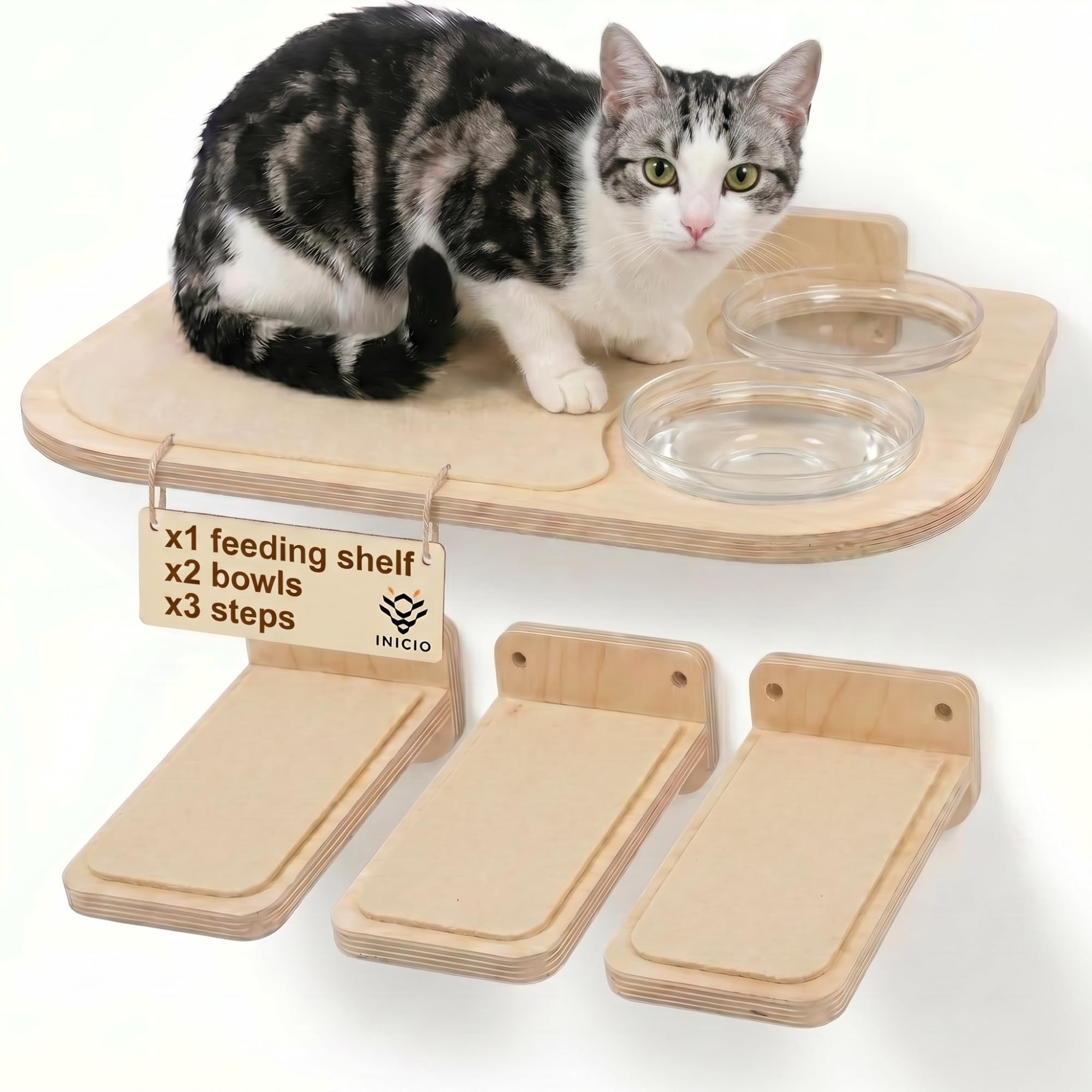 INICIO Katzenwandmöbel – Futterstation: Katzenwandregale & Stufen, Glasnäpfe, hundefest, modern, Birke, 3 Ebenen, 41,9 cm L x 32,5 cm B x 25,4 cm H