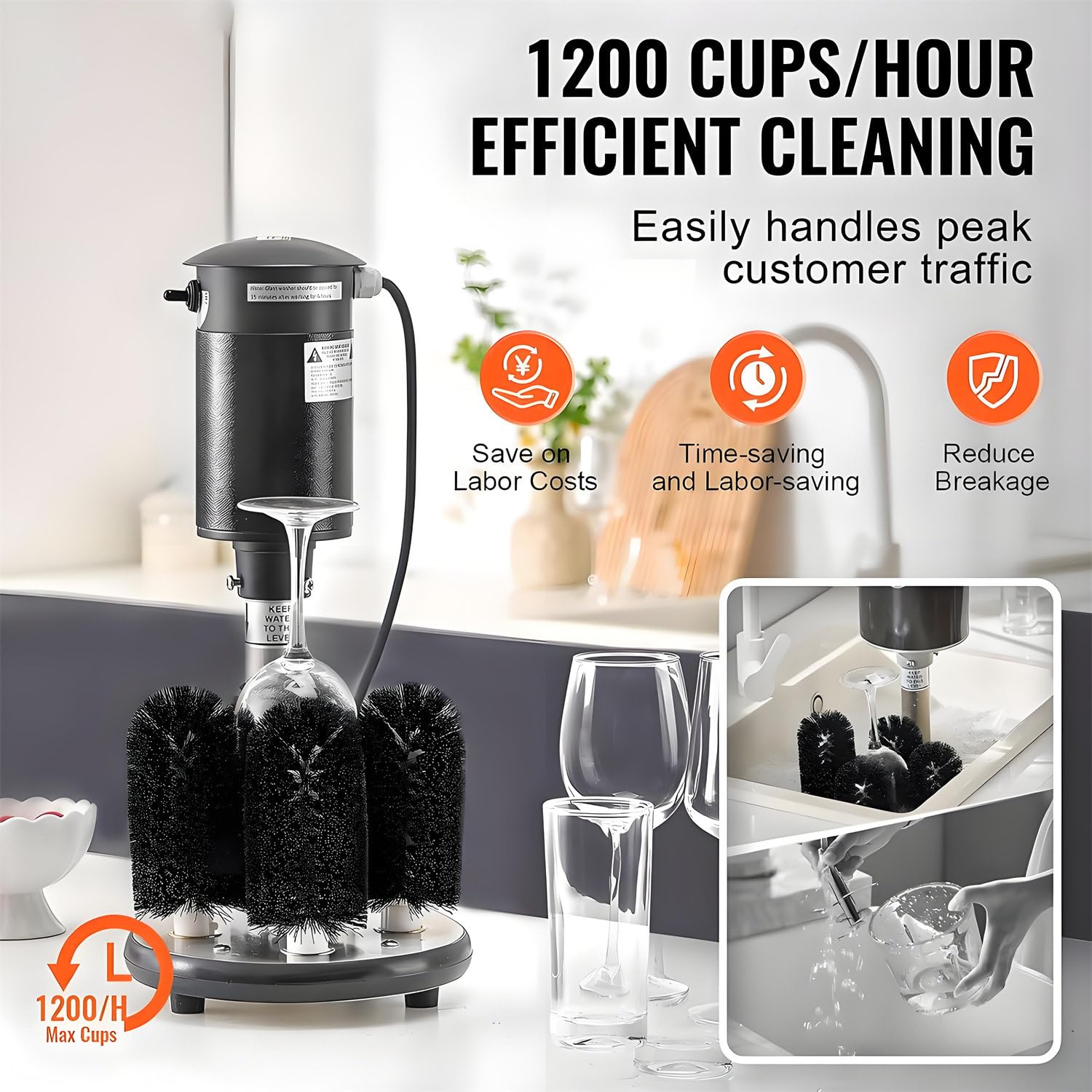 Lavadora de Vasos eléctrica Comercial de 1400 RPM con 5 cepillos extraíbles, para Vasos de Acero Inoxidable, Vertical y eléctrica.
