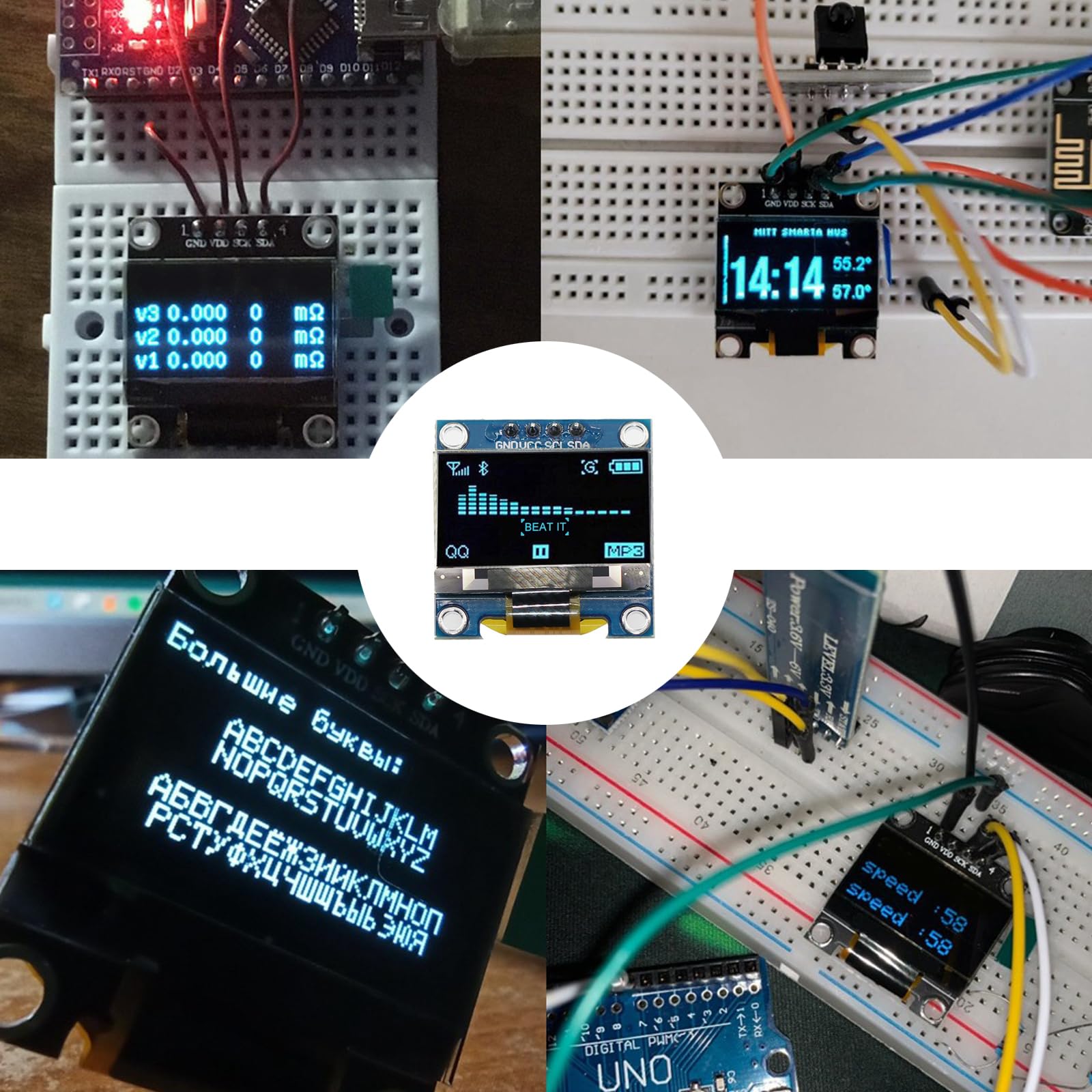 Lot de 4 écrans OLED de 0,96 ", caractères bleus, module d'affichage I2C 128 x 64 pixels I2C, compatible avec Arduino Raspberry Pi