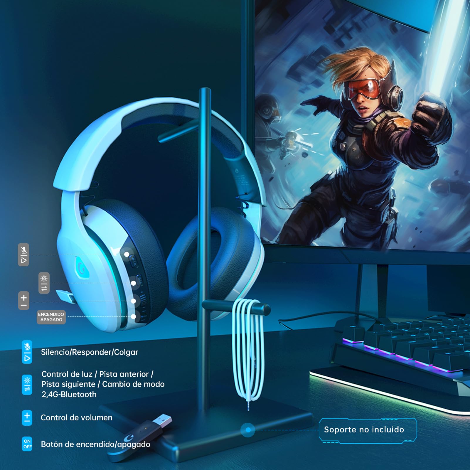 Gvyugke Auriculares Gaming, Auriculares para Juegos de 2,4 GHz para PS5, PC, Auriculares Inalambricos Bluetooth 5.2, Cascos Auriculares con micrófono cancelación, 3,5 mm Auriculares con Cable, Blanco