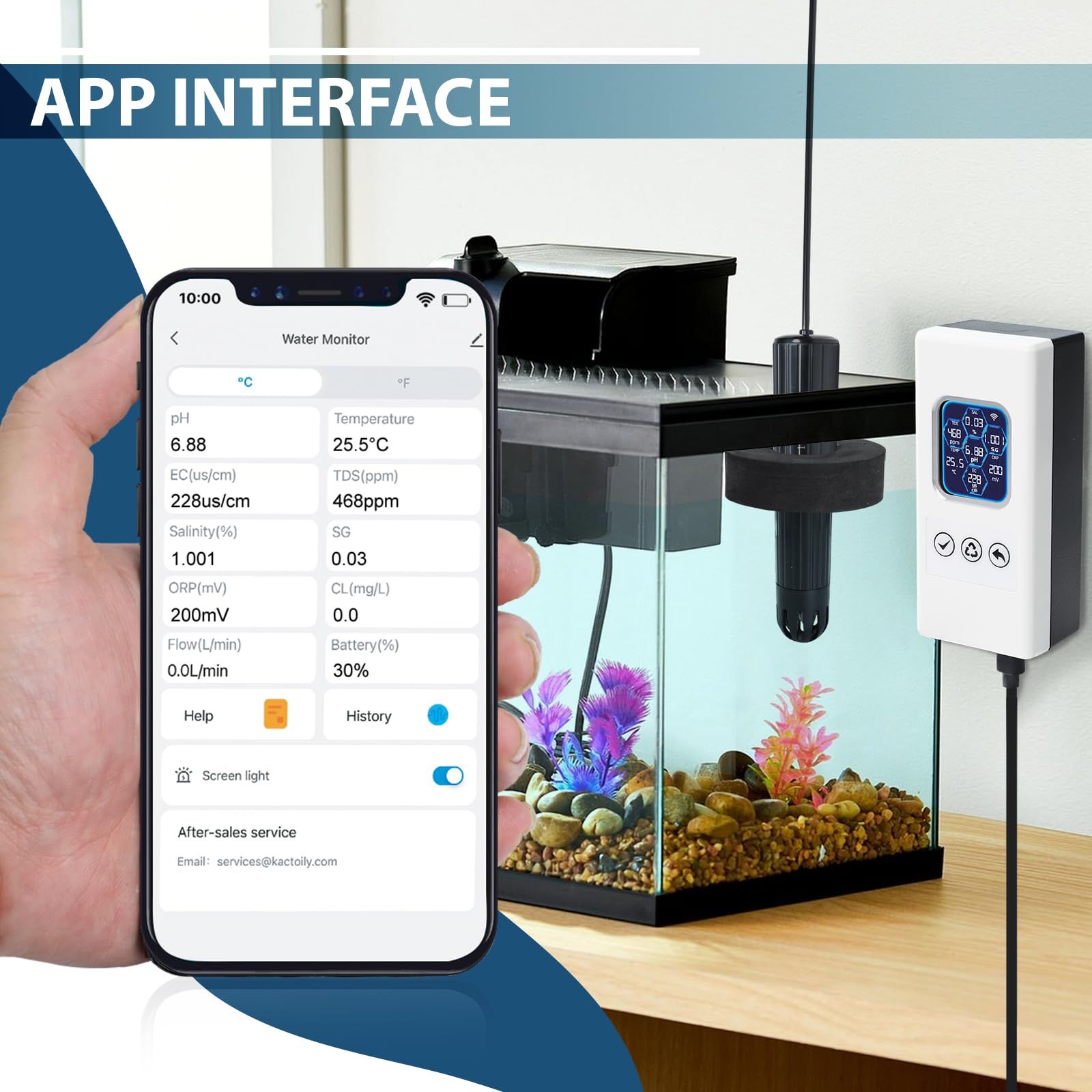 7-in-1 Smart Wasserqualitäts-Tester, Wireless WiFi Wasser-Monitor pH/ORP/TDS/EC/Salinität/SG/Temperatur, Wasserqualitäts-Messgerät mit App-Anbindung & Echtzeit-Alarmen für Aquarium Salzwasser-Aquarium