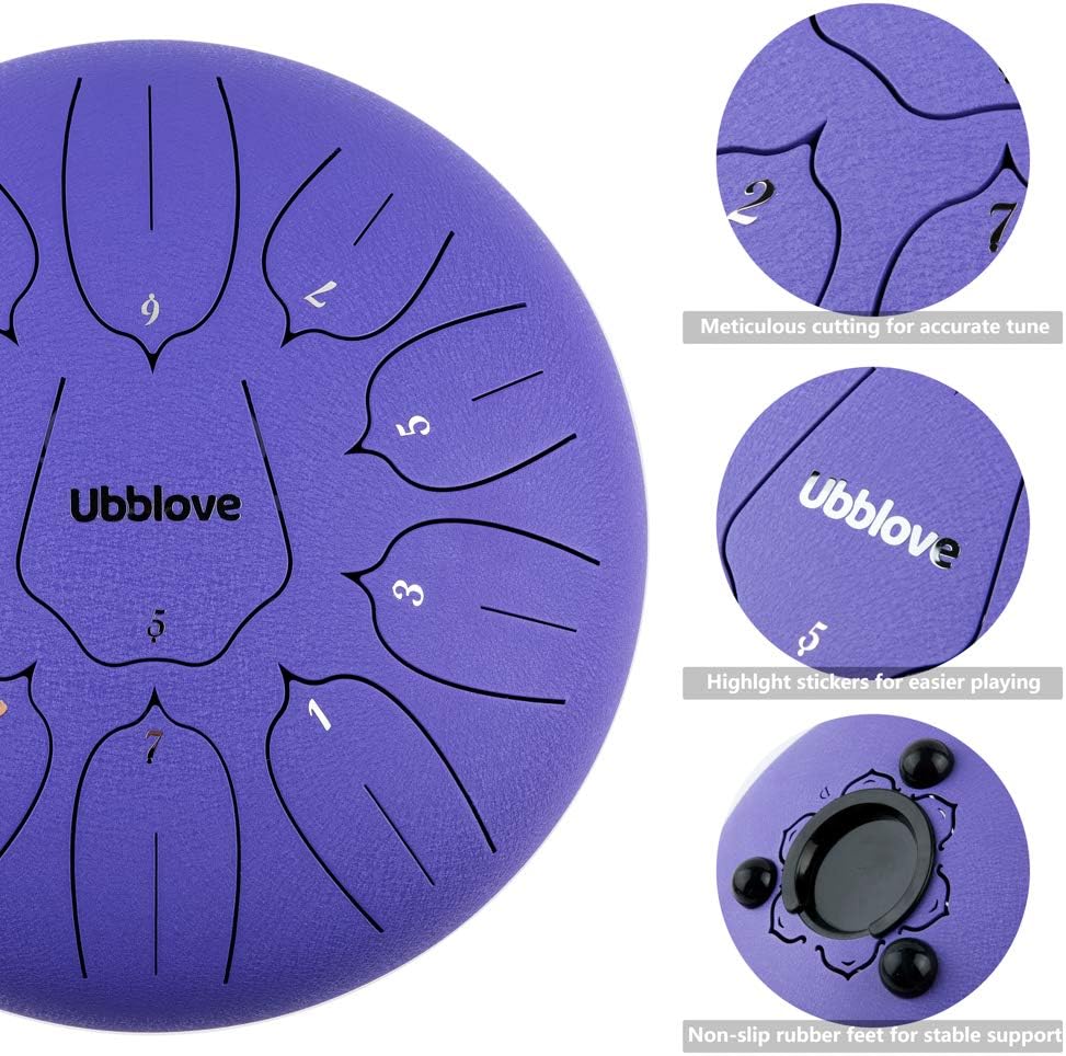 Ubblove Steel Tongue Drum - 11 Notes 10 Inch Handpan Drums D Major Percussion Music Instrument with Accessories for Adults Musical Education Meditation Concert Yoga Gift (Purple)
