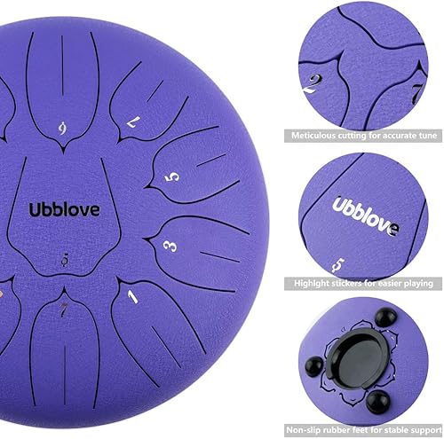 Miniatura 10 de Tambor de lengua de acero, tambor de tanque de mano, 11 notas, instrumento de percusión de meditación de 10 pulgadas con mazos, púas de dedos