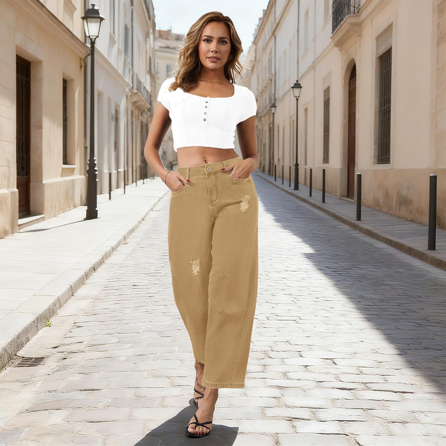 Metietila Womens Barrel Jeans Ripped Mid Rise Wide Leg Baggy Boyfriend Denim Pants - Image 5