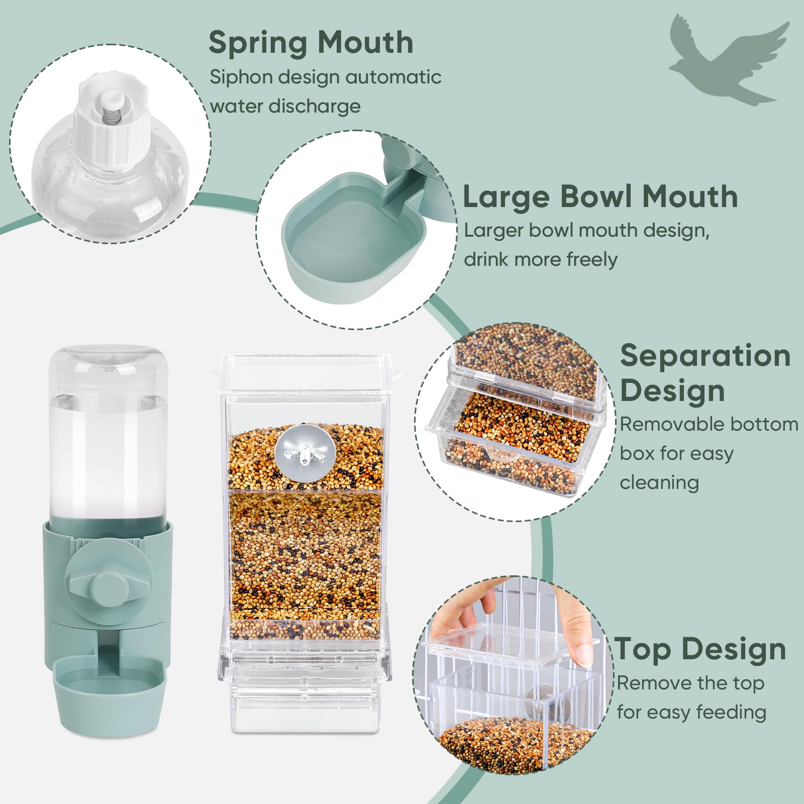 No Mess Bird Feeder Water Dispenser Set, Bird Feeder for Cage, Cage Accessories for Cockatiels, Finches, Budgies and Canaries