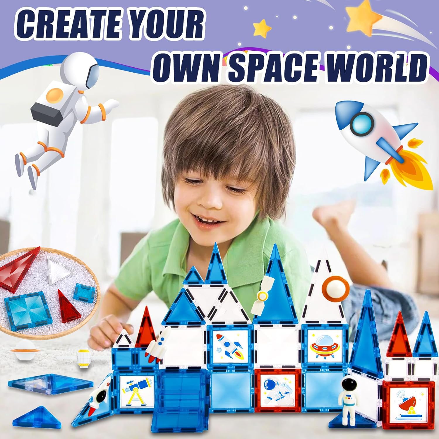 Juego de 58 azulejos magnéticos, bloques de construcción magnéticos, bloques de construcción con imágenes para ventanas y colores de gel, azulejos magnéticos 3D STEM juguetes educativos para